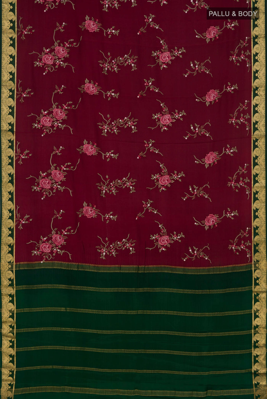 Flat view of Maroon Mysore Crepe Saree with Fancy on the body and Zari Border. 