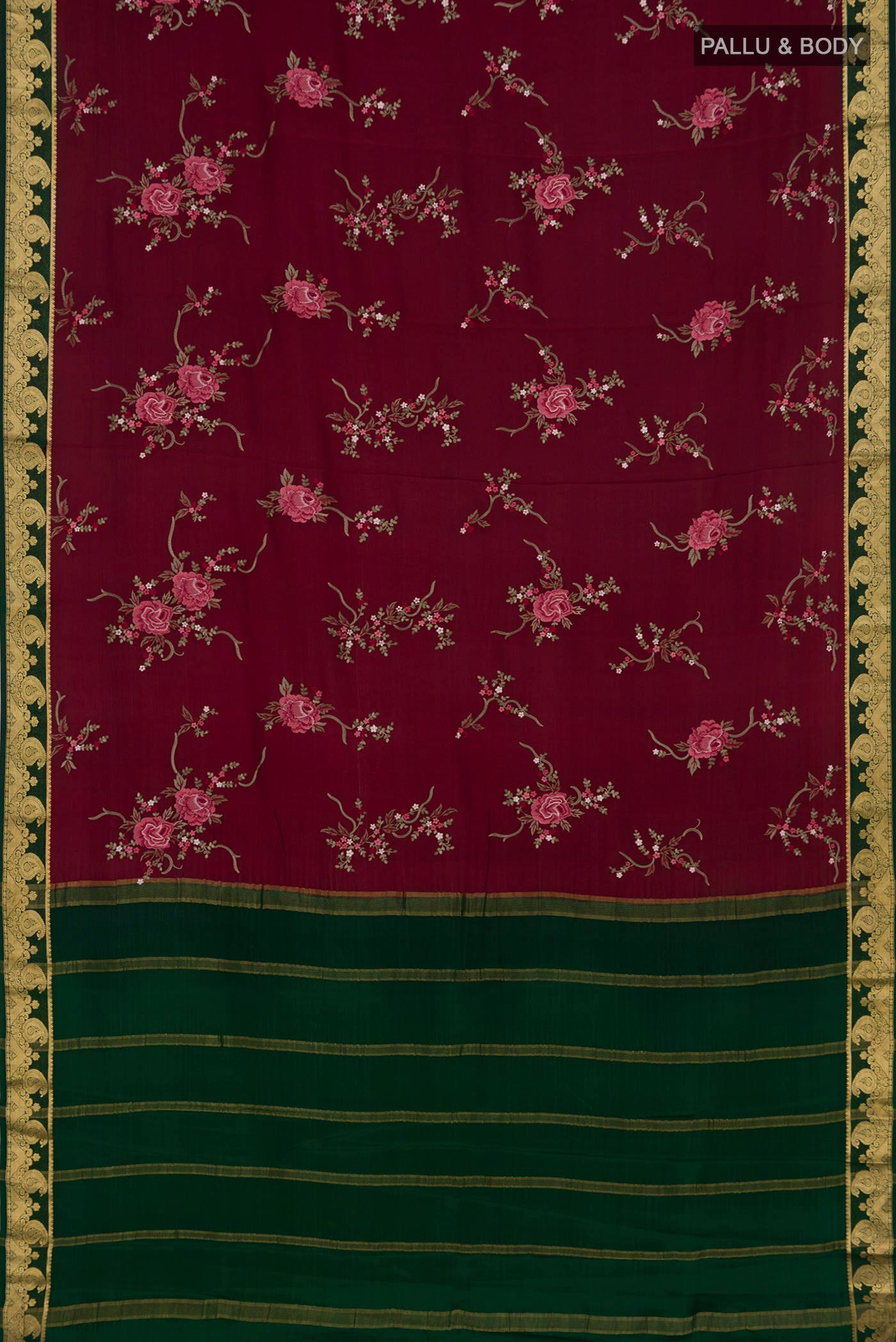 Flat view of Maroon Mysore Crepe Saree with Fancy on the body and Zari Border. 