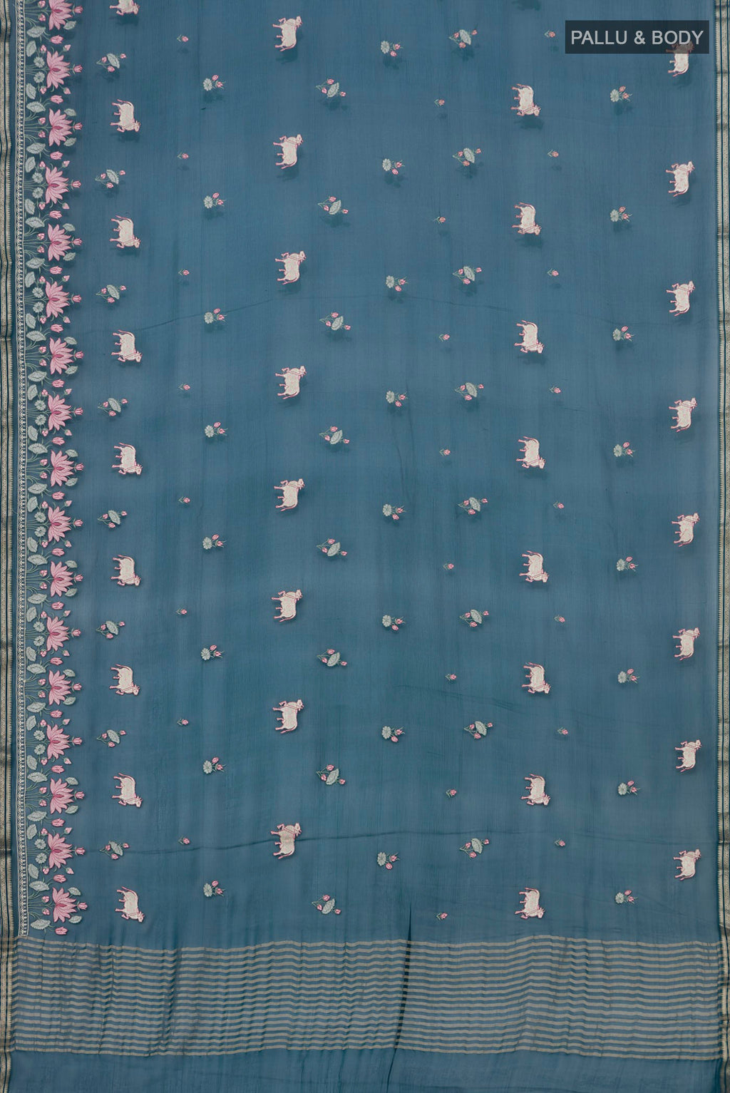 Flat view of Blue Chiffon Saree with Embroidery on the body and Fancy Border. 