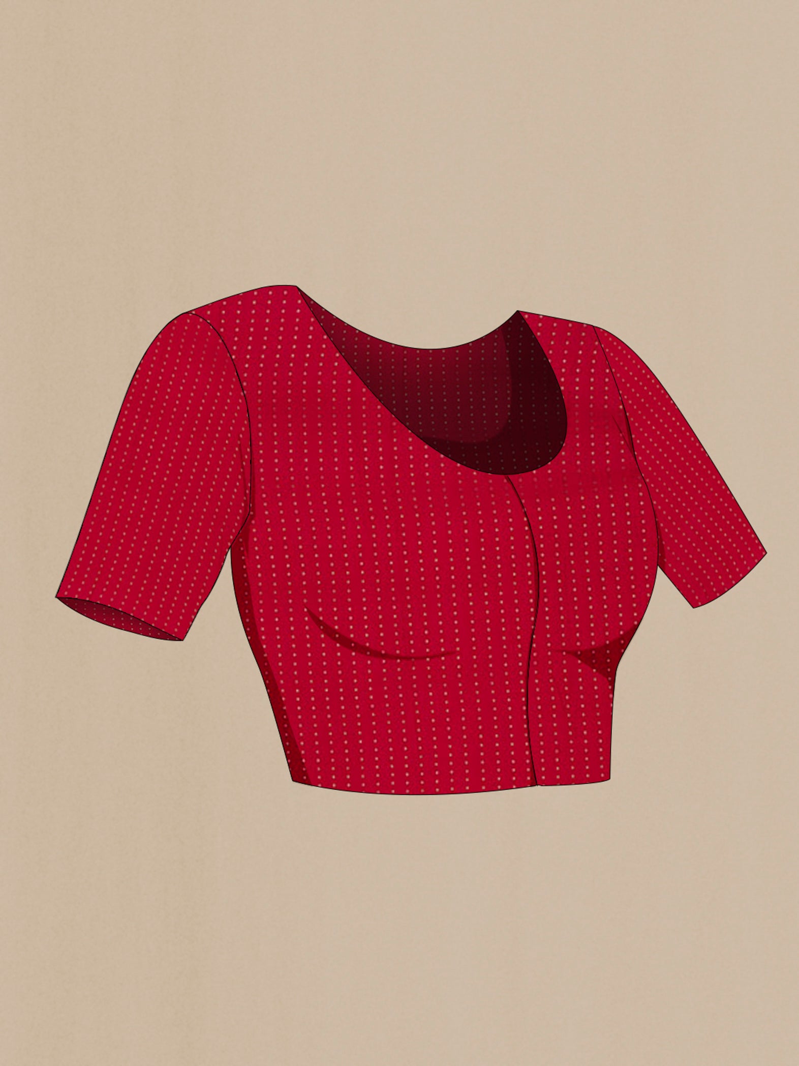 Close up image of the blouse of Red Chiffon Saree with Fancy on the body and Zari Border. 