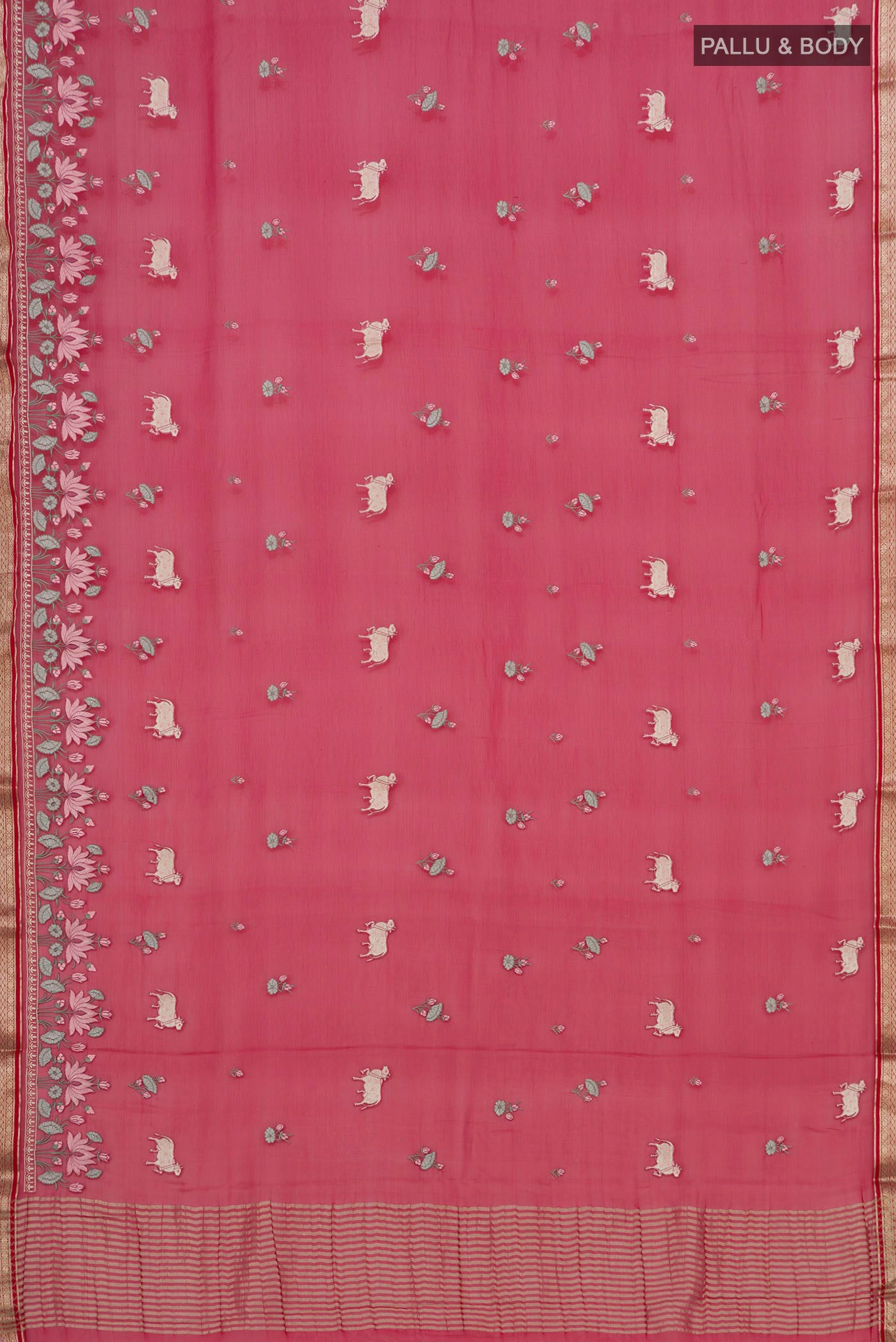 Flat view of Red Chiffon Saree with Fancy on the body and Zari Border. 