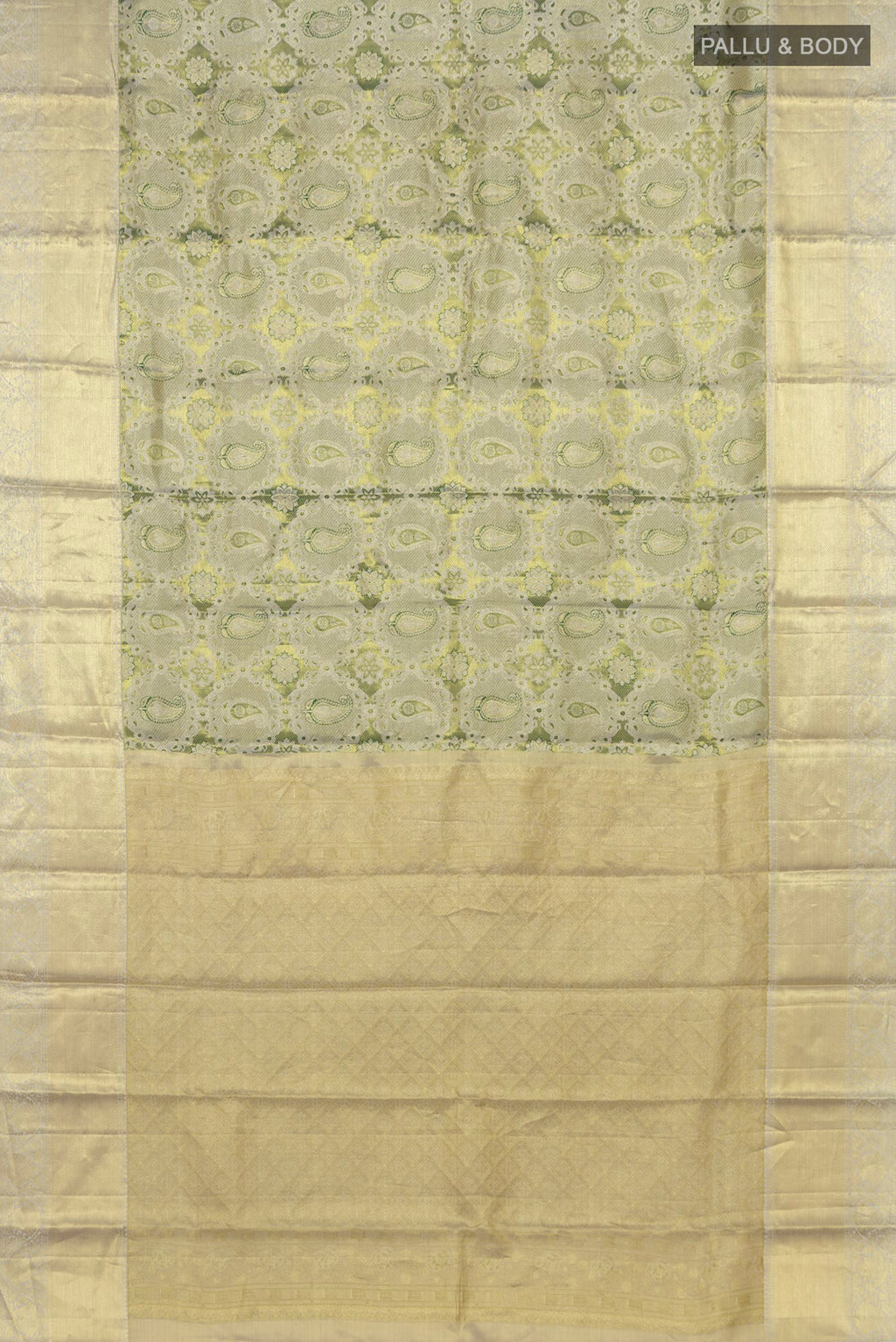 Flat view of Green Kanchipuram Saree with Zari Brocade on the body and Zari Border. 