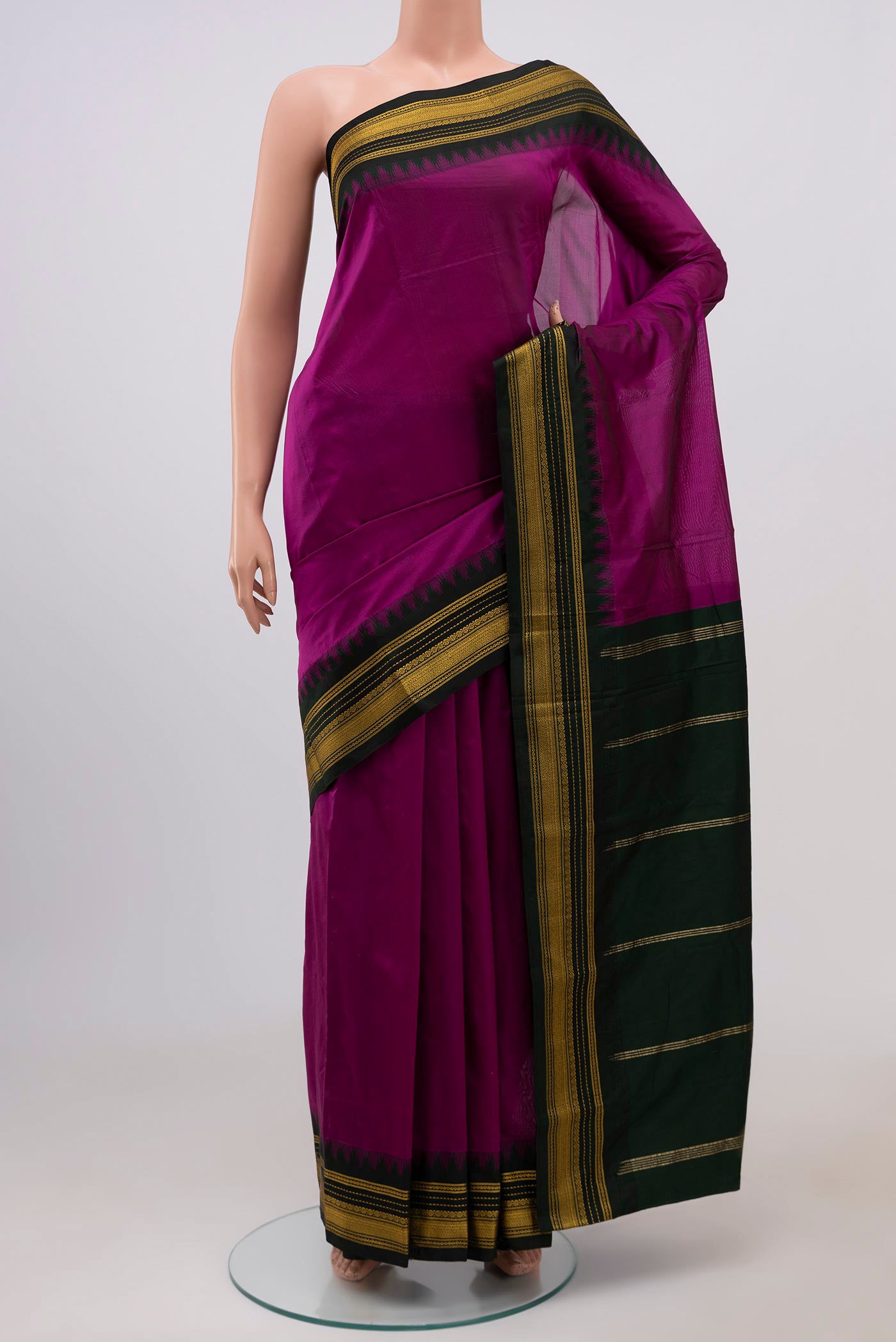Purple Blended Bangalore Silk Saree with Plain Body and Zari Border.  displayed on a mannequin