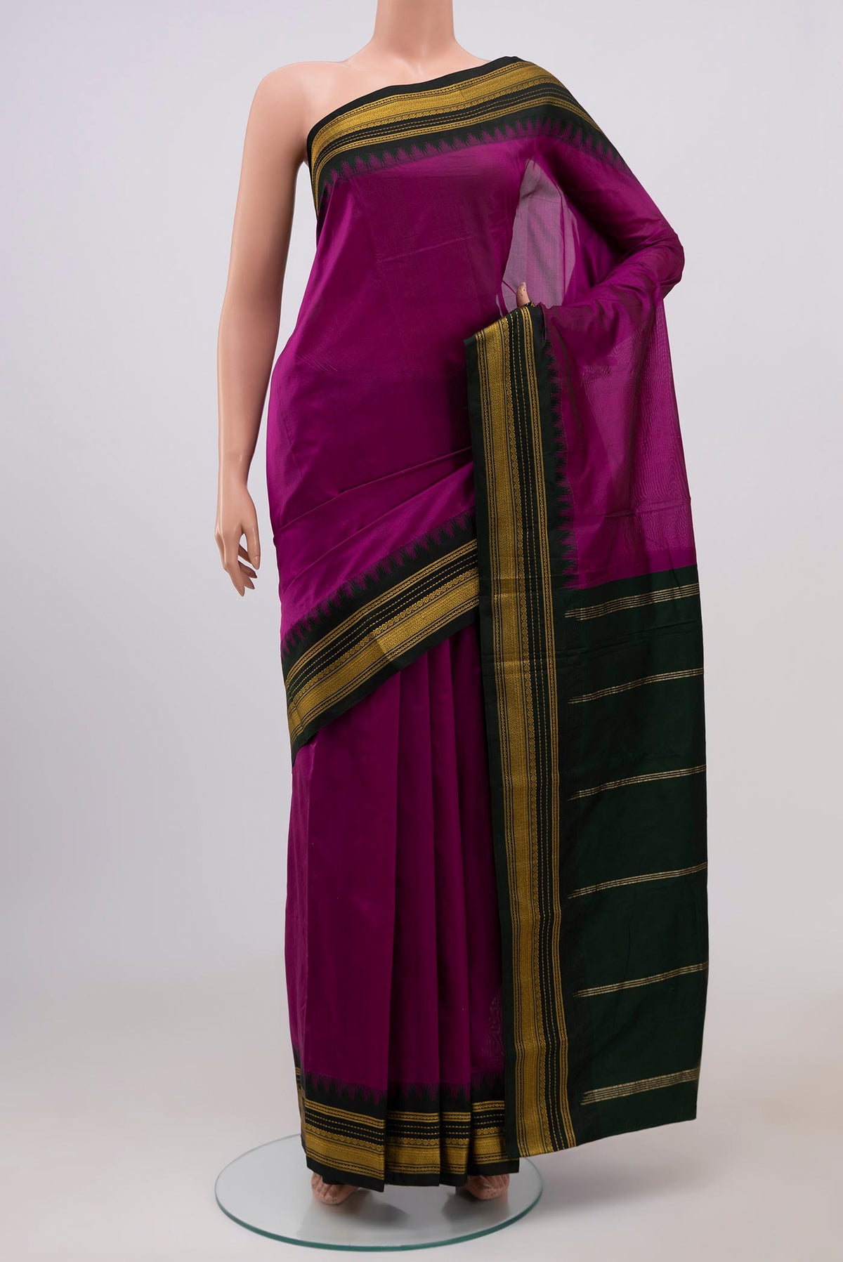 Purple Blended Bangalore Silk Saree with Plain Body and Zari Border.  displayed on a mannequin