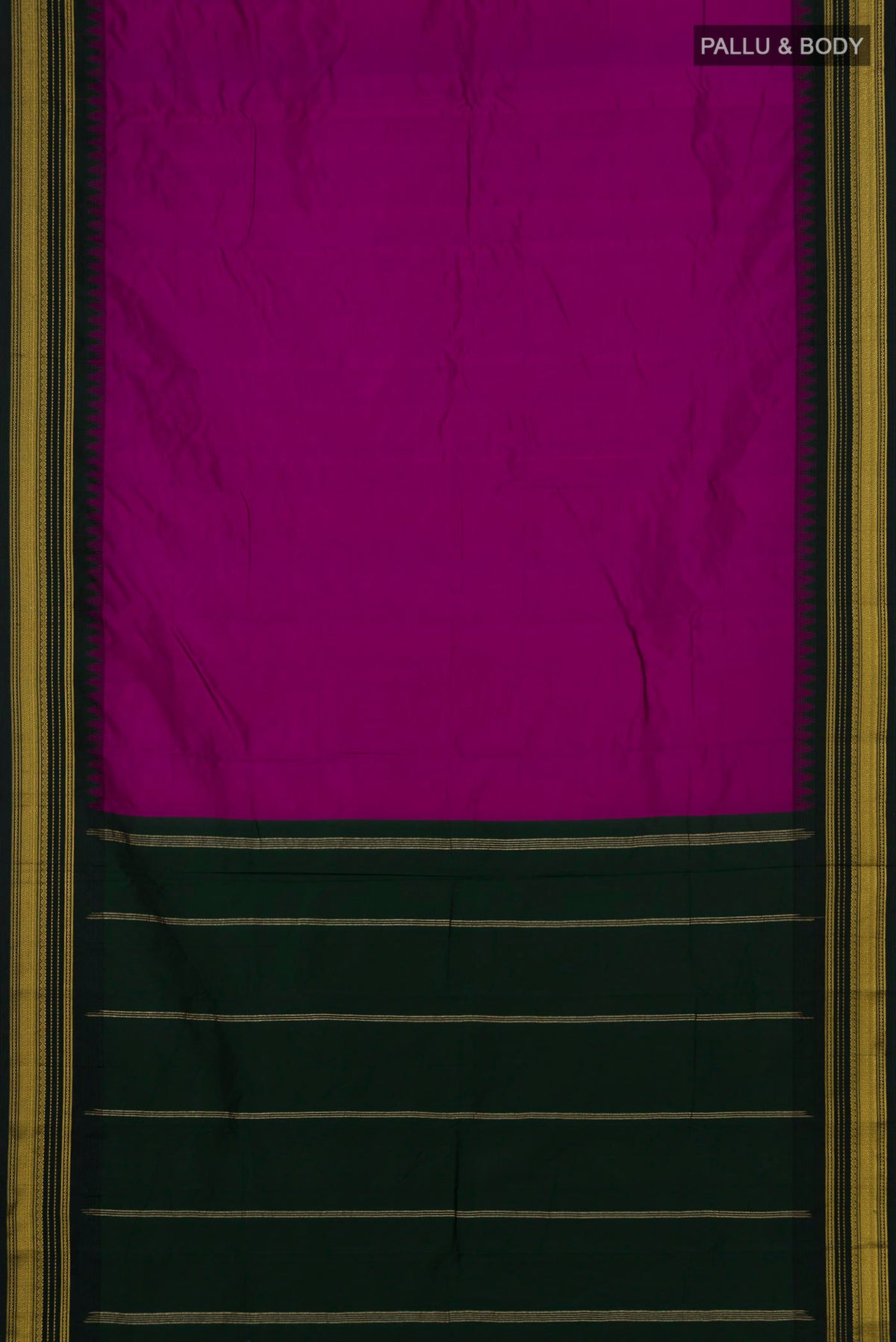 Flat view of Purple Blended Bangalore Silk Saree with Plain Body and Zari Border. 
