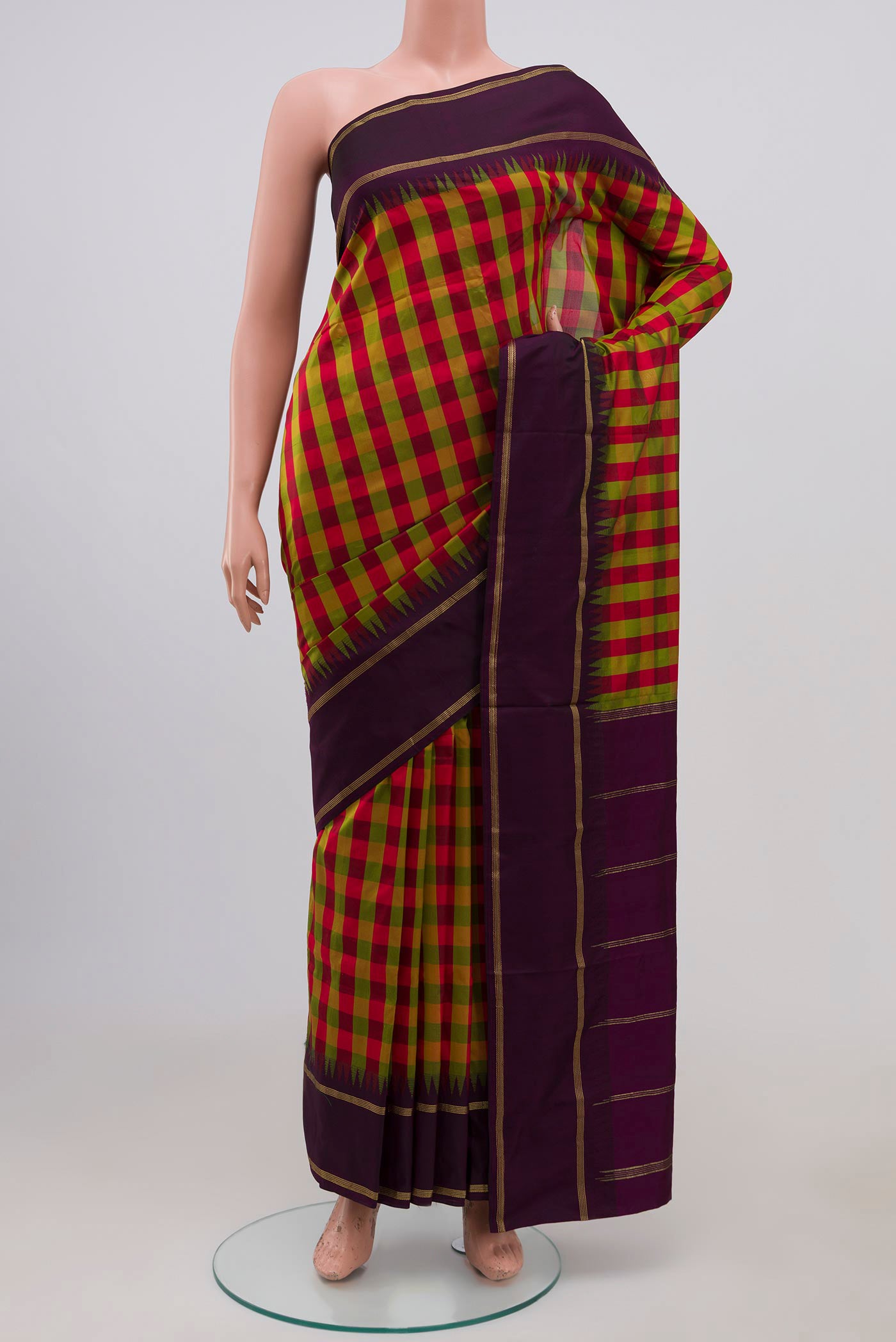 Multi Color Blended Bangalore Silk Saree with Checked design on the body and Thin Zari Line.  displayed on a mannequin