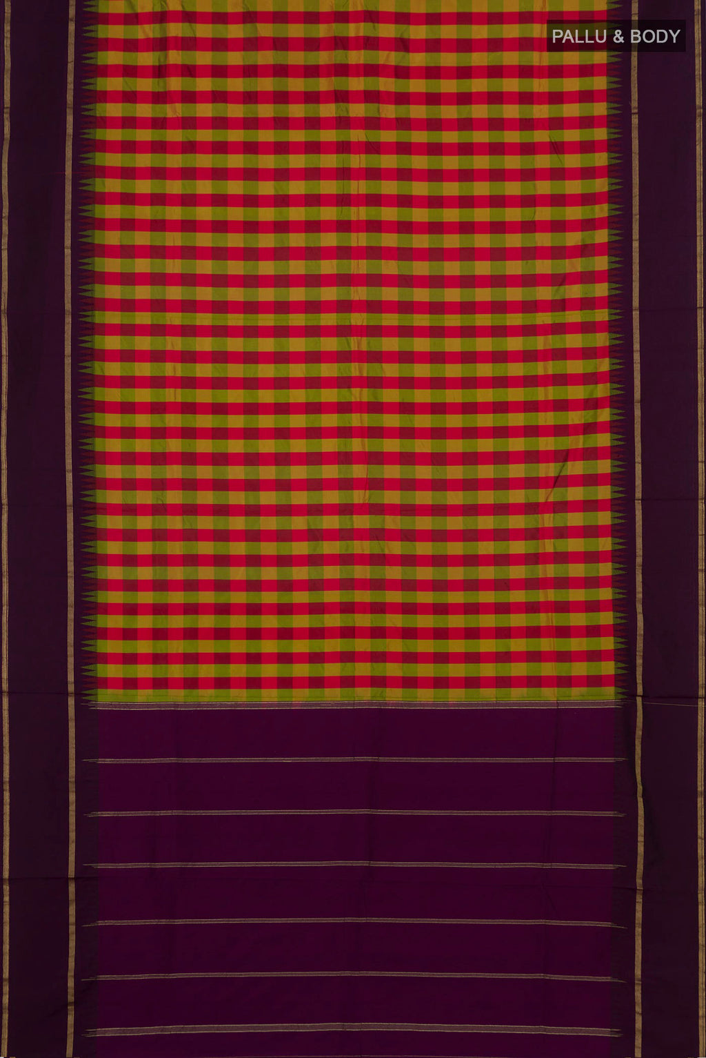 Flat view of Multi Color Blended Bangalore Silk Saree with Checked design on the body and Thin Zari Line. 