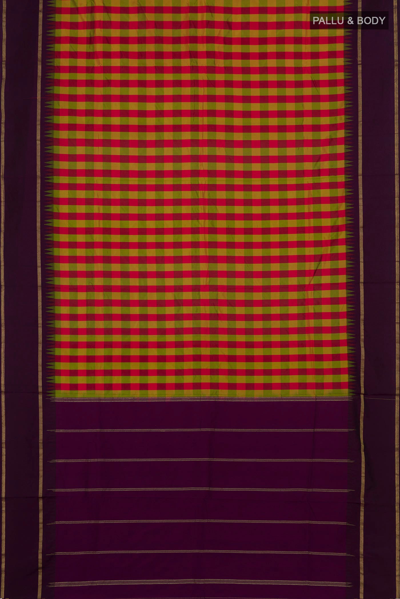 Flat view of Multi Color Blended Bangalore Silk Saree with Checked design on the body and Thin Zari Line. 