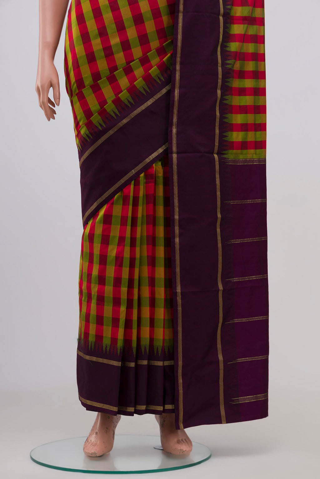 Pleats and pallu of Multi Color Blended Bangalore Silk Saree with Checked design on the body and Thin Zari Line. 