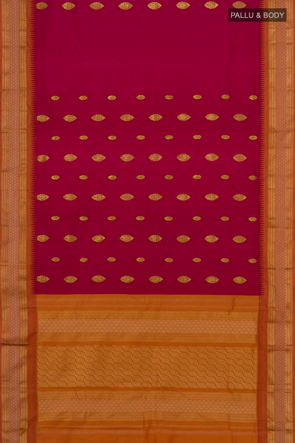 Flat view of Maroon Blended Bangalore Silk Saree with Zari Butta on the body and Zari Border. 