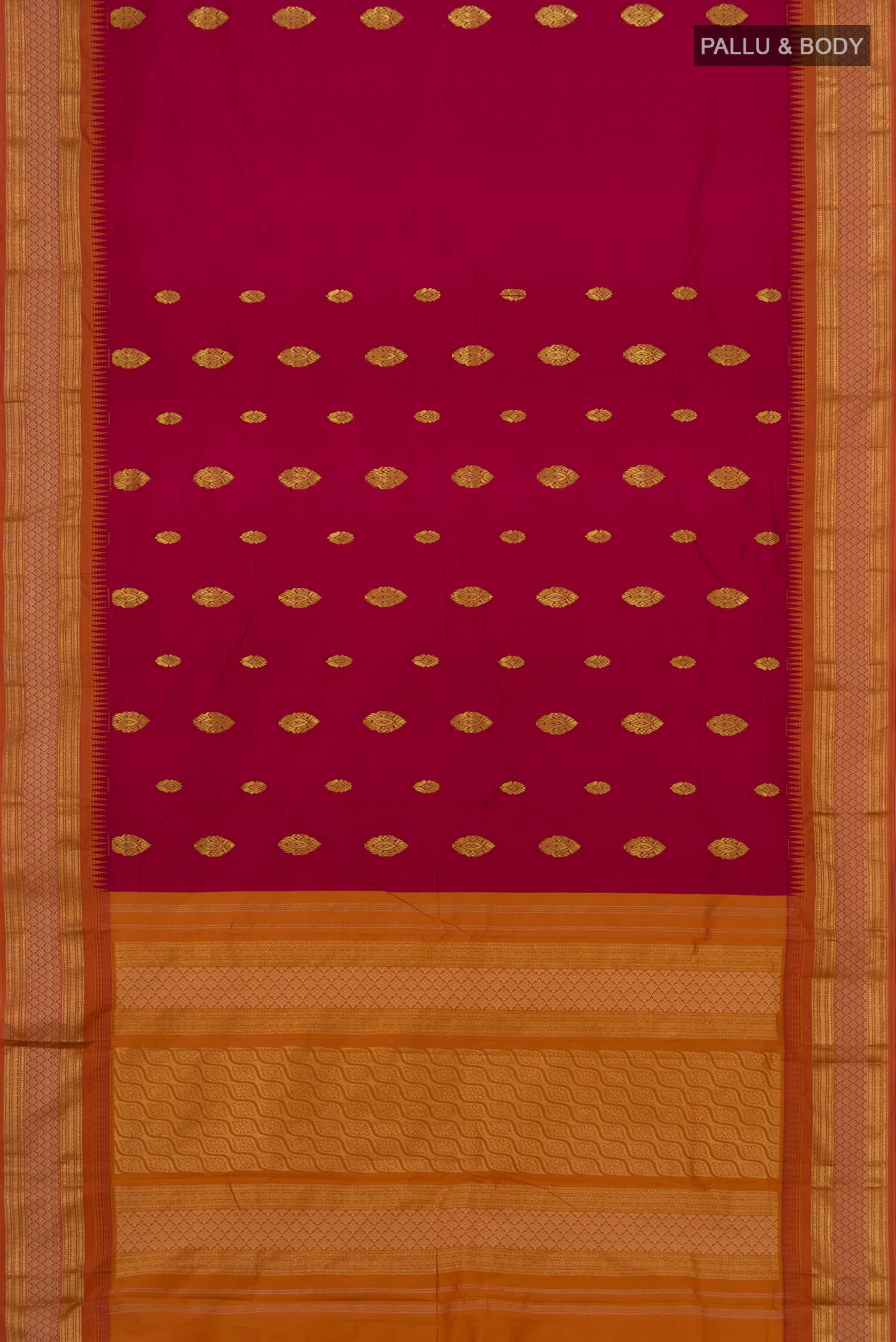Flat view of Maroon Blended Bangalore Silk Saree with Zari Butta on the body and Zari Border. 