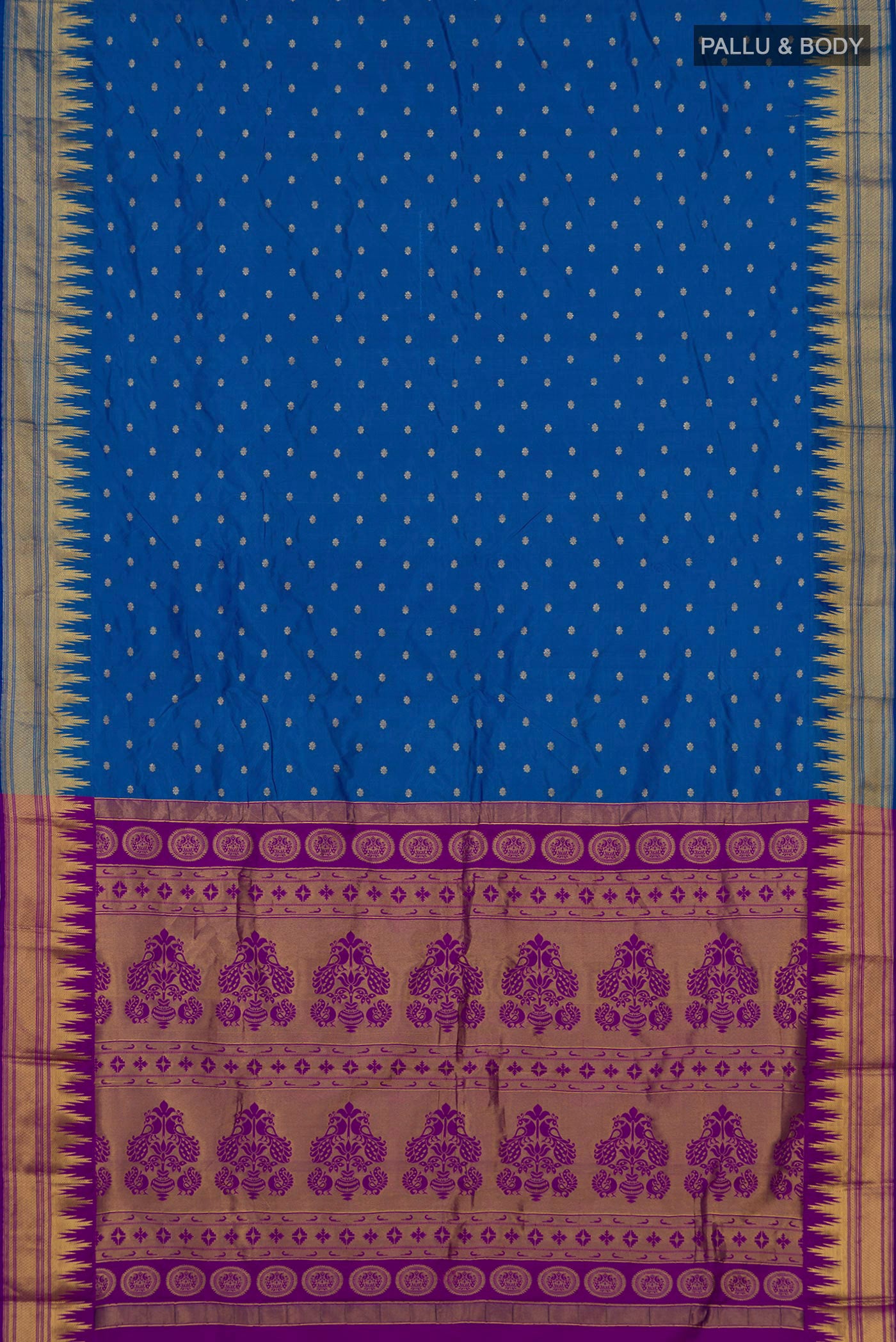 Flat view of Blue Blended Bangalore Silk Saree with Zari Butta on the body and Zari Border. 