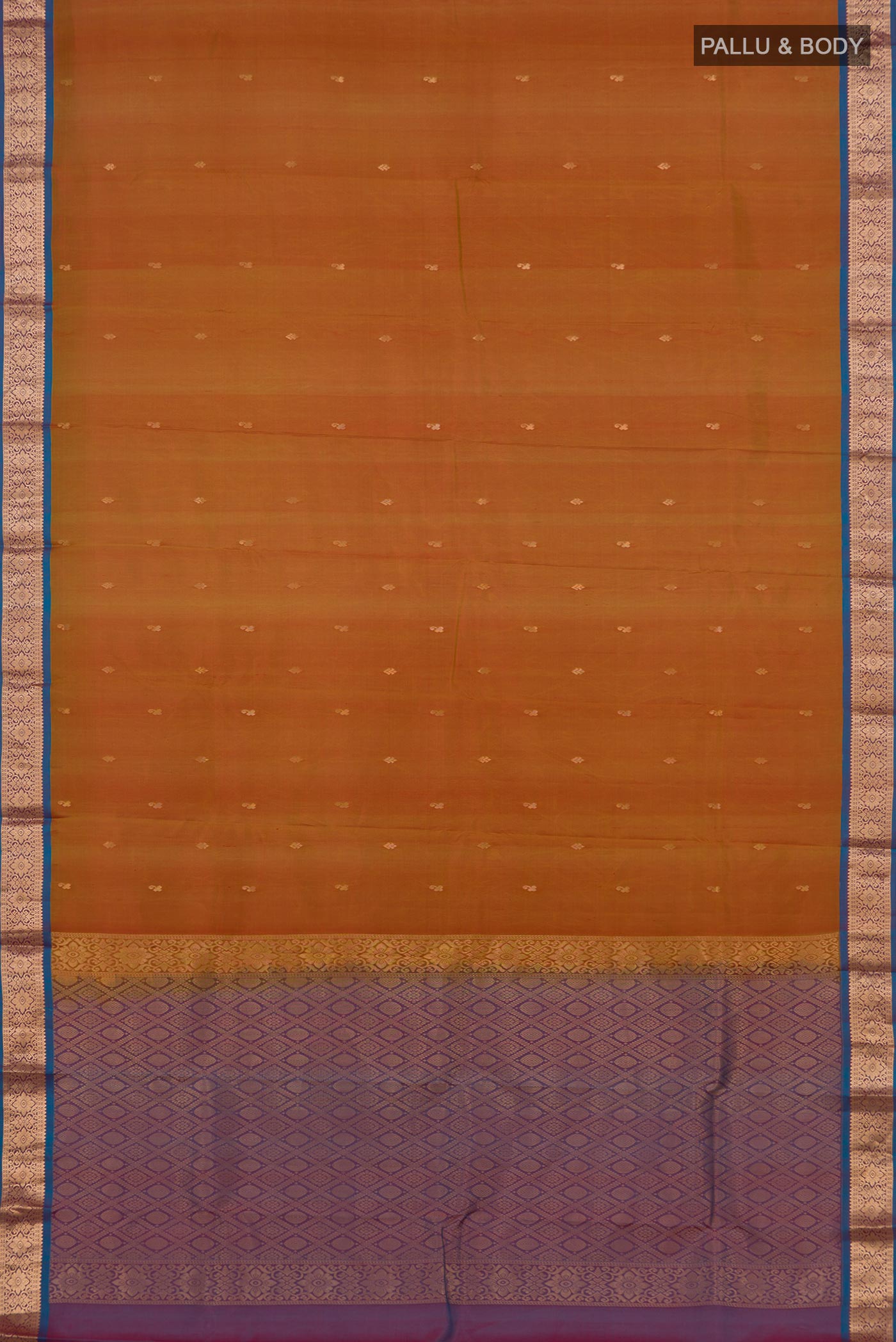 Flat view of Green Kanjivaram Saree with Zari Butta on the body and Zari Border. 