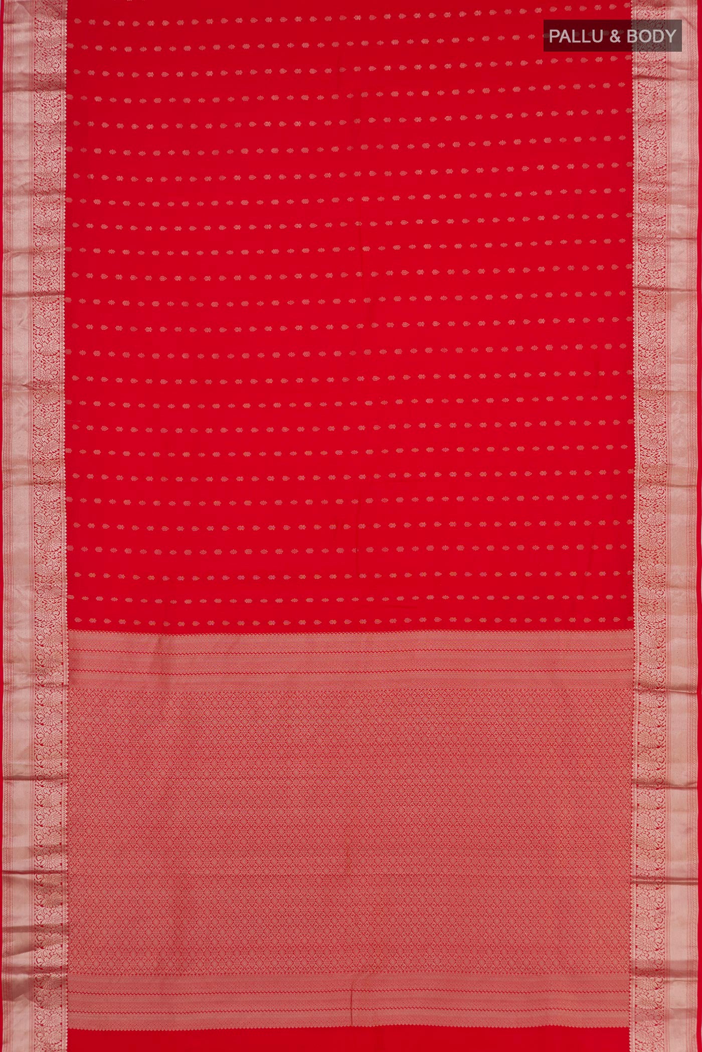 Flat view of Red Kanchipuram Silk Saree with Zari Butta on the body and Zari Border. 