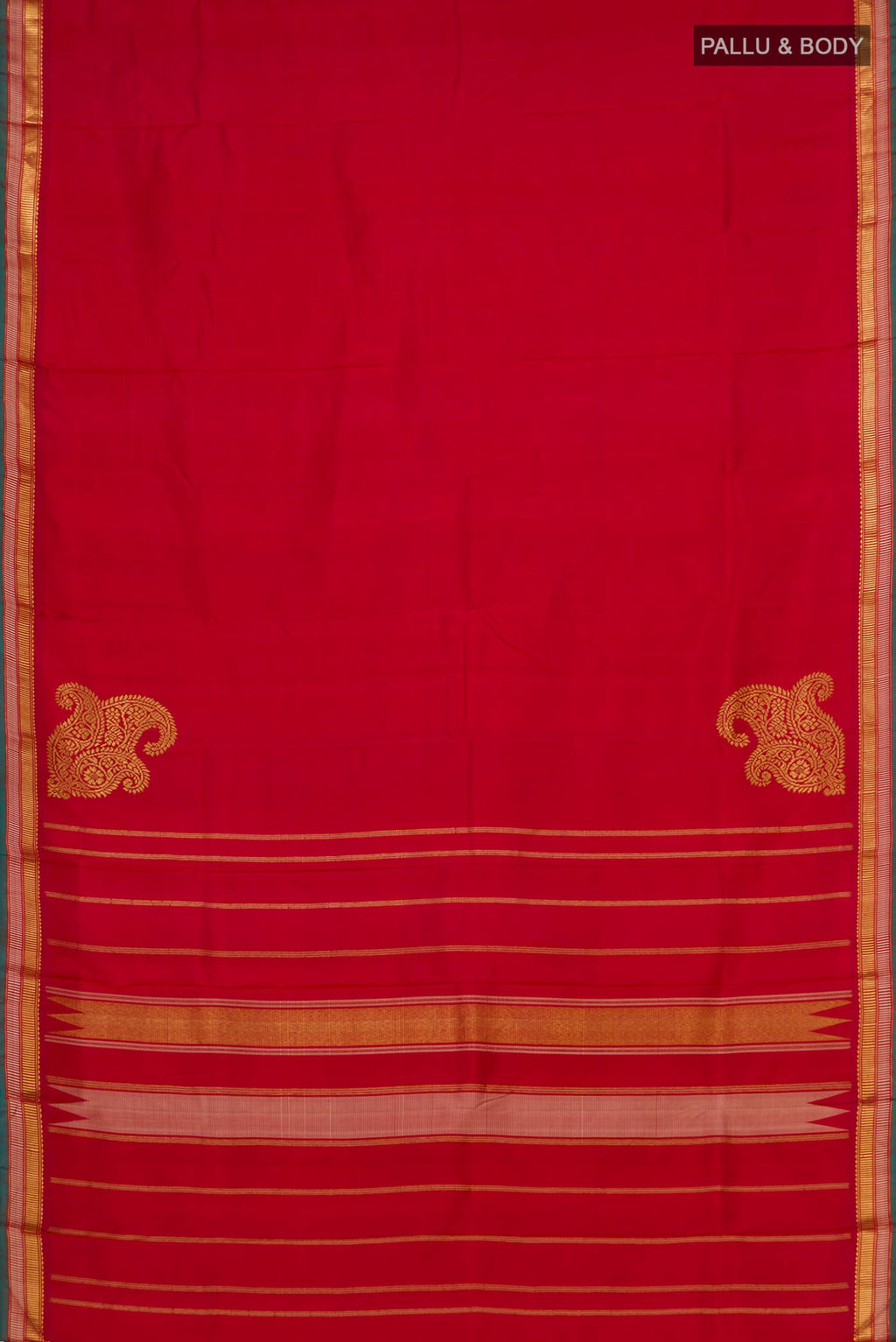 Flat view of Pure Silk Pure Zari Red Kanjivaram Saree with Plain Body and Zari Border. 