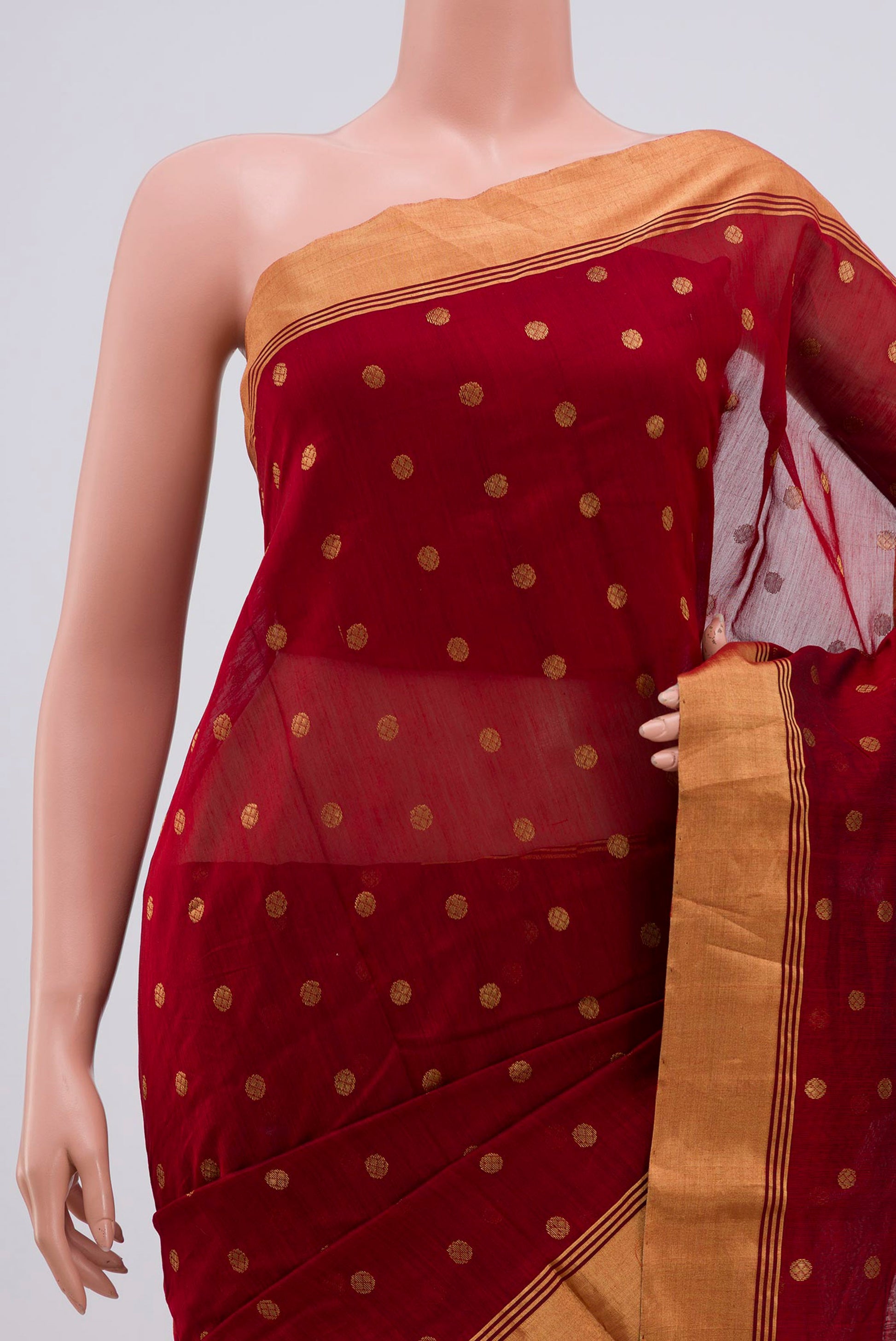 Border image of Maroon Chanderi Silk Cotton Saree with Zari Butta on the body and Zari Border. 