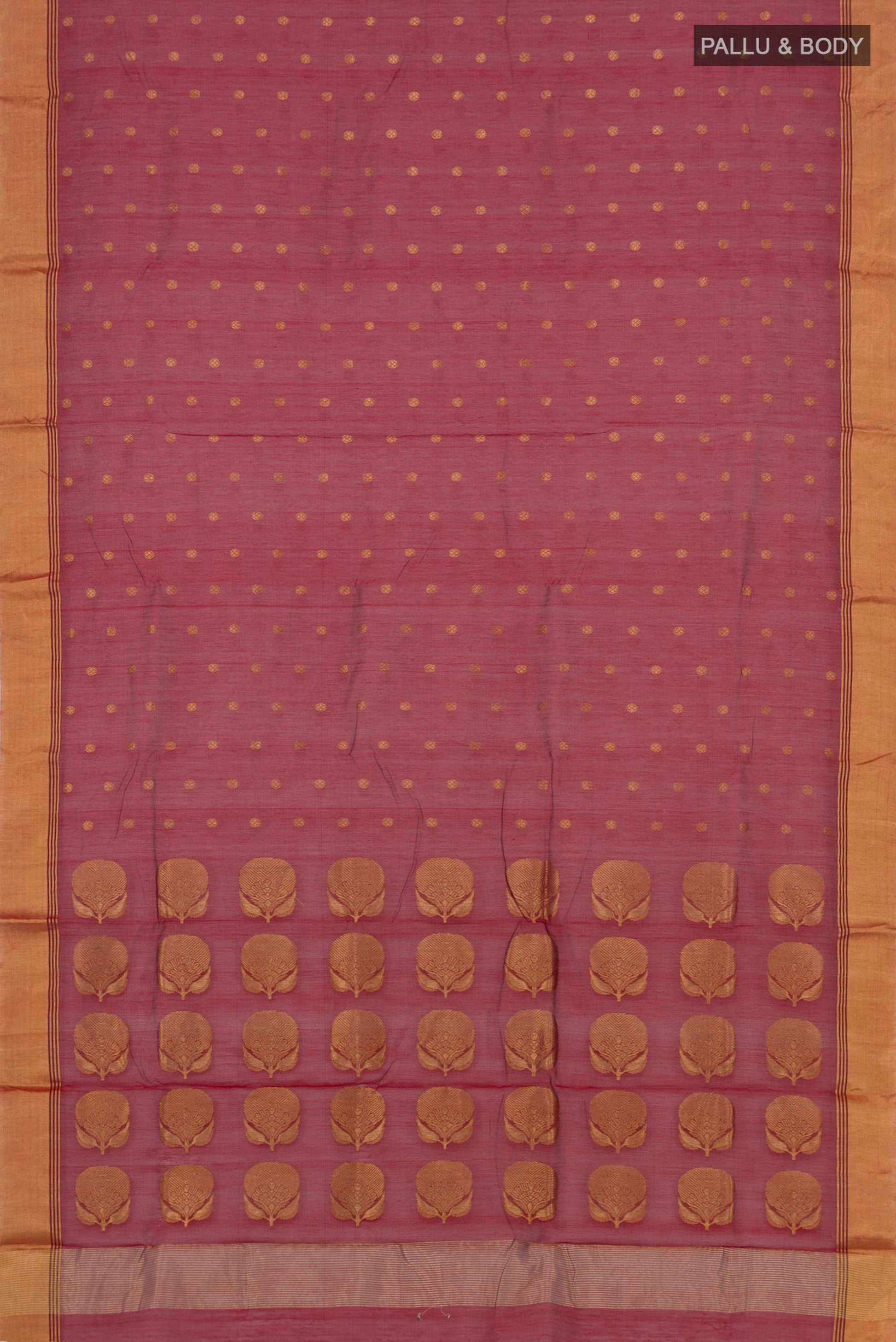 Flat view of Maroon Chanderi Silk Cotton Saree with Zari Butta on the body and Zari Border. 