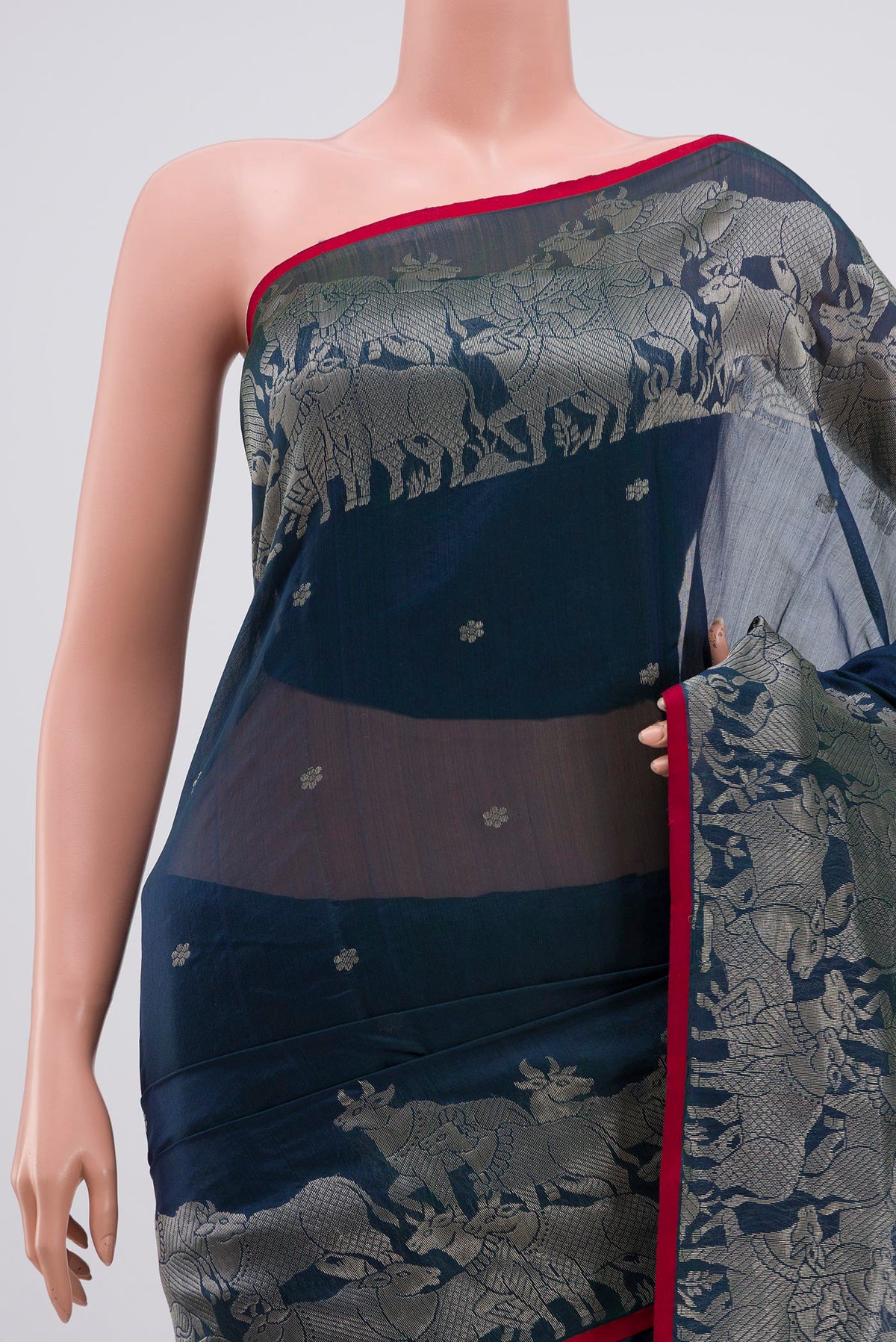 Border image of Navy Blue Chanderi Silk Cotton Saree with Zari Butta on the body and Fancy Border. 