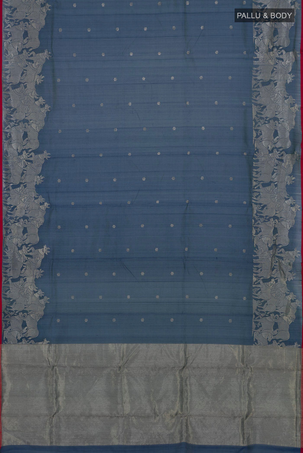 Flat view of Navy Blue Chanderi Silk Cotton Saree with Zari Butta on the body and Fancy Border. 