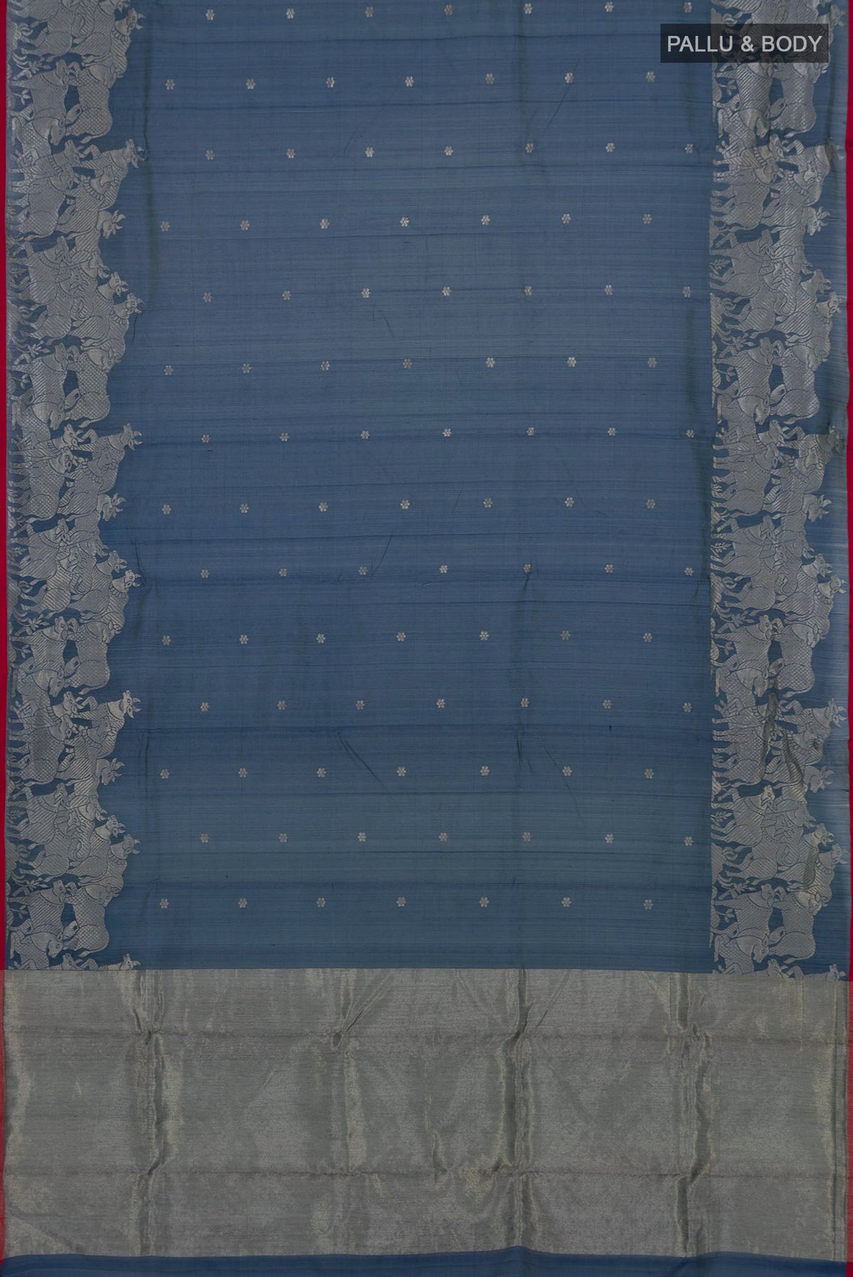 Flat view of Navy Blue Chanderi Silk Cotton Saree with Zari Butta on the body and Fancy Border. 