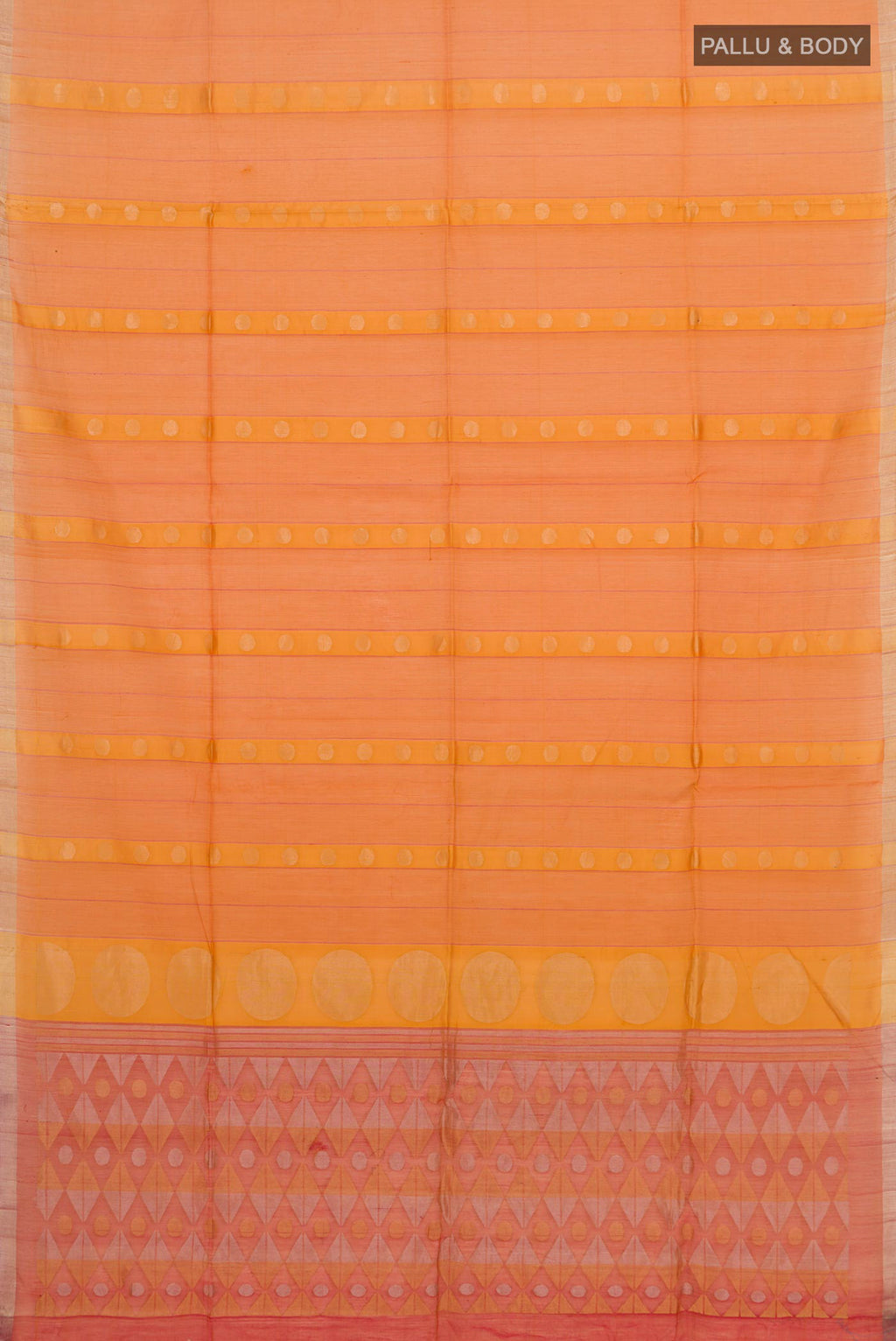 Flat view of Orange Silk Cotton Saree with Zari Butta on the body and Thin Zari Line. 