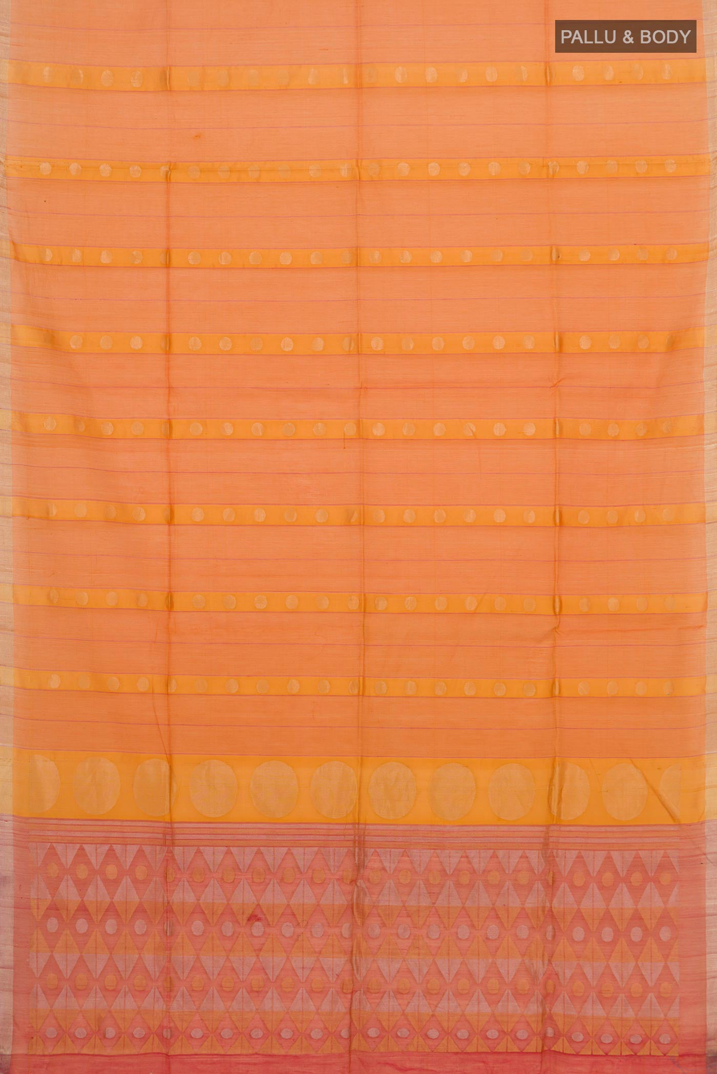 Flat view of Orange Silk Cotton Saree with Zari Butta on the body and Thin Zari Line. 