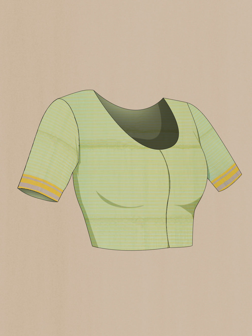 Close up image of the blouse of Light Green Coimbatore Silk Cotton Saree with Zari Butta on the body and Thread Border. 