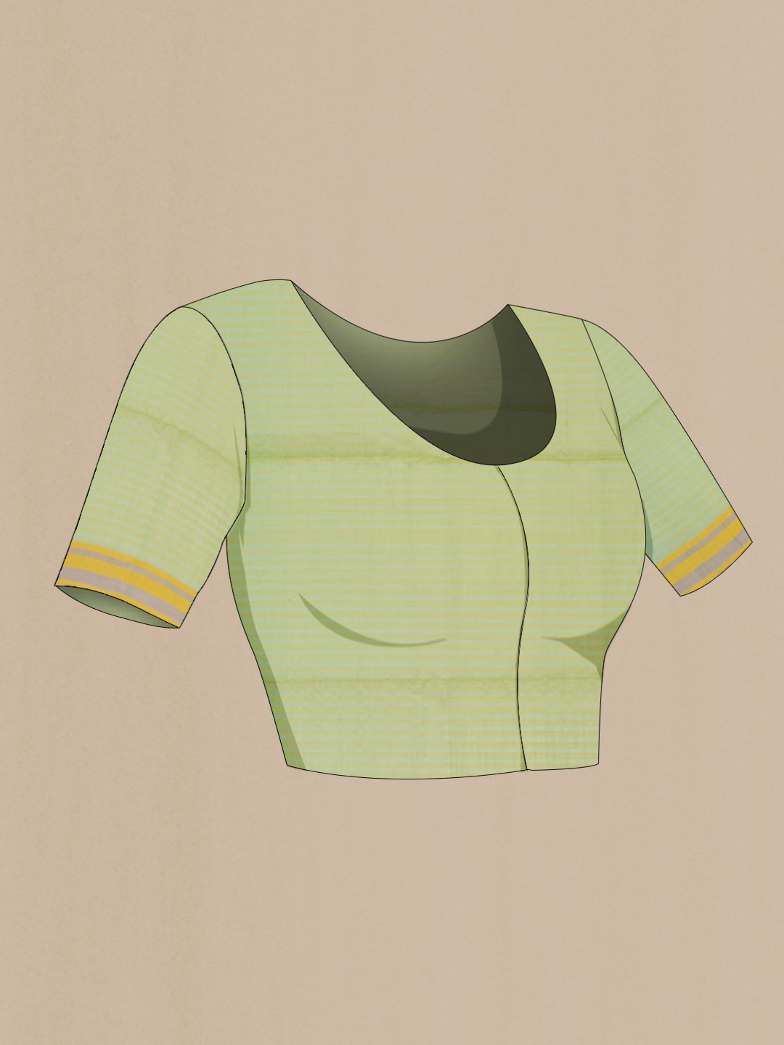 Close up image of the blouse of Light Green Coimbatore Silk Cotton Saree with Zari Butta on the body and Thread Border. 