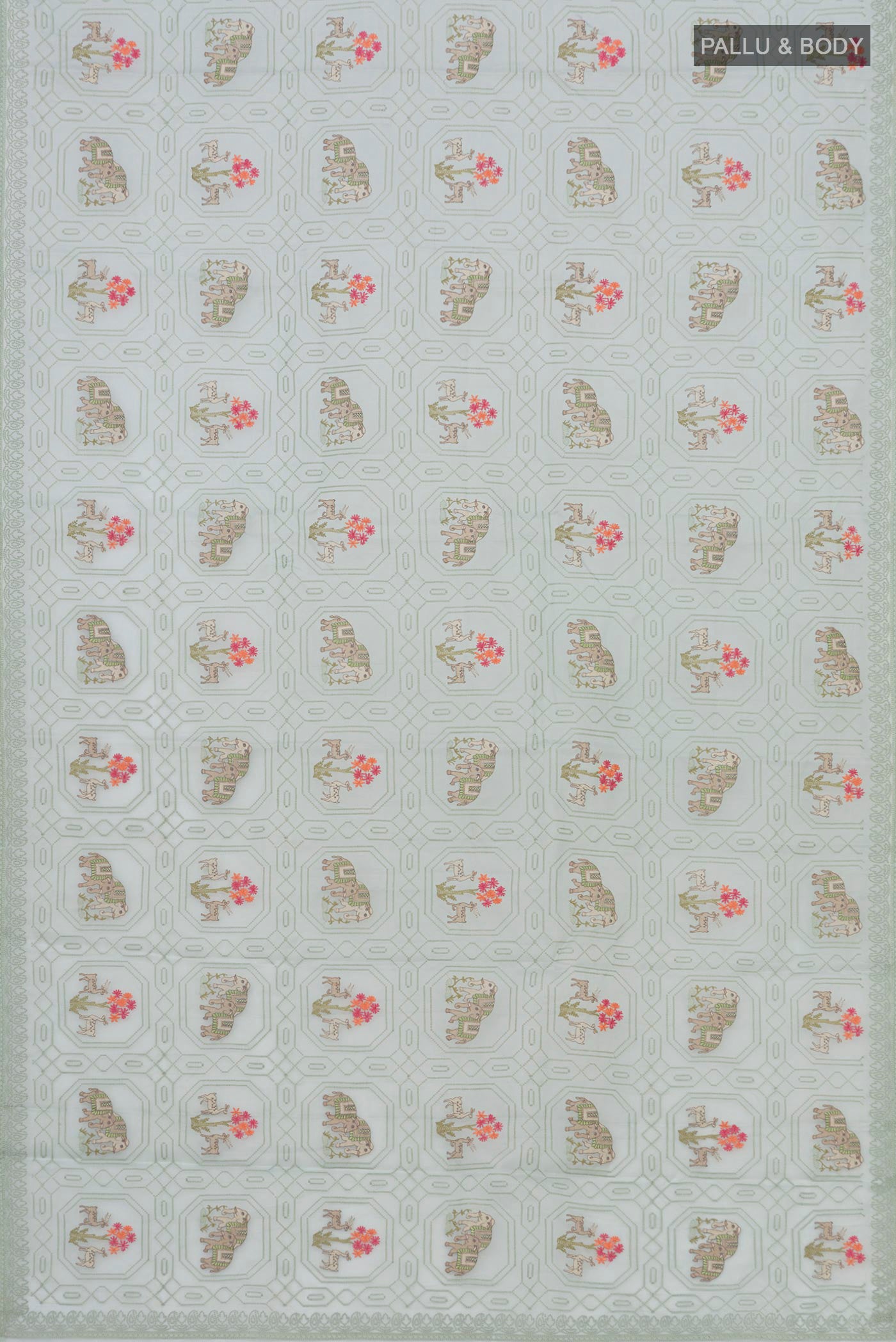 Flat view of Light Blue Organza Silk Saree with Fancy on the body and Without Border. 