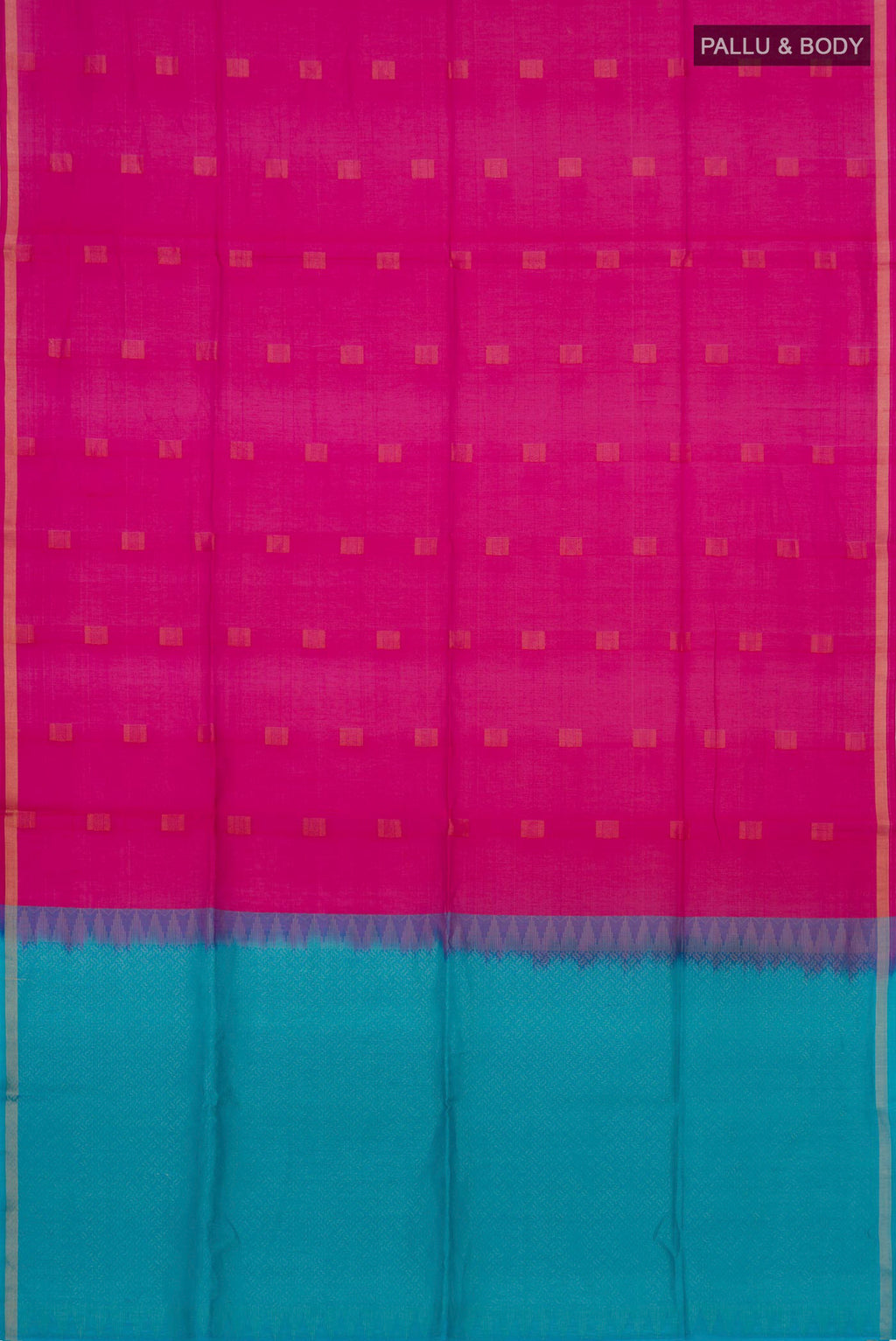 Flat view of Pink Coimbatore Silk Cotton Saree with Zari Butta on the body and Thin Zari Line. 