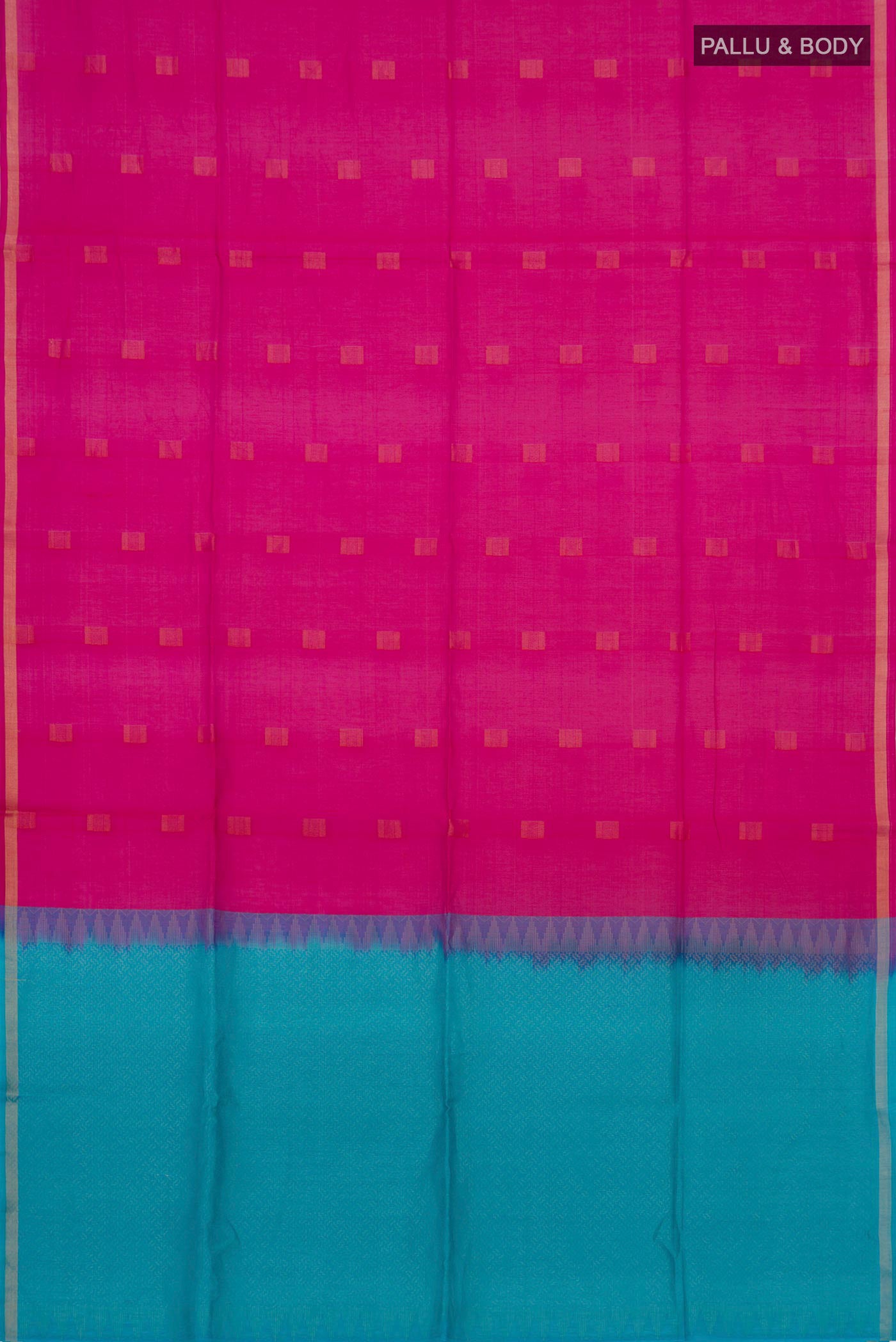 Flat view of Pink Coimbatore Silk Cotton Saree with Zari Butta on the body and Thin Zari Line. 
