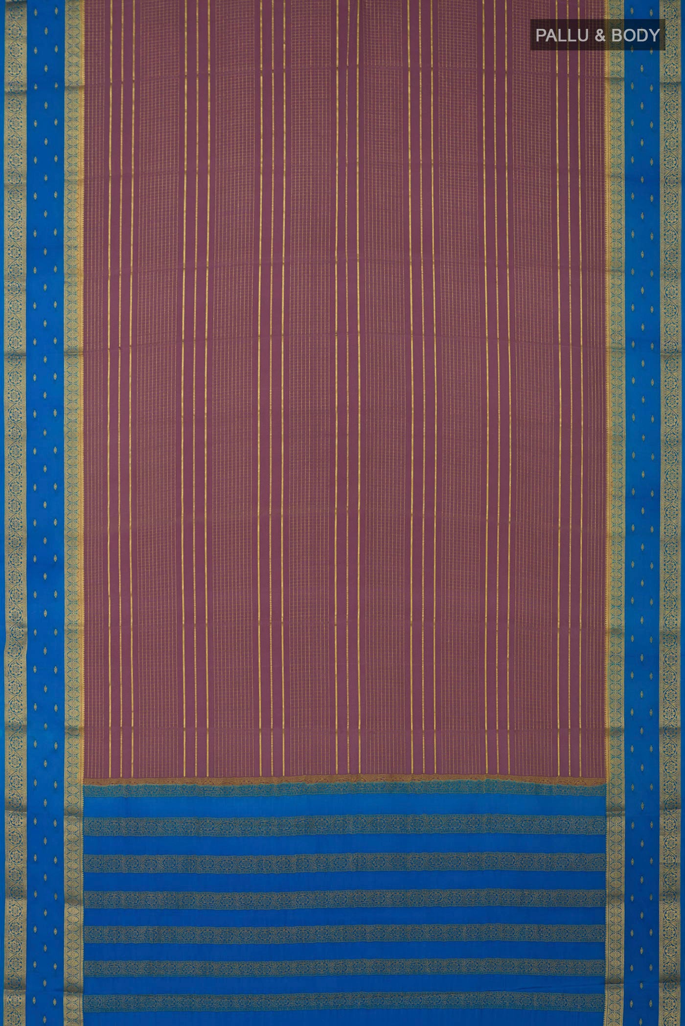 Flat view of Lavender Crepe Saree with Checked design on the body and Zari Border. 
