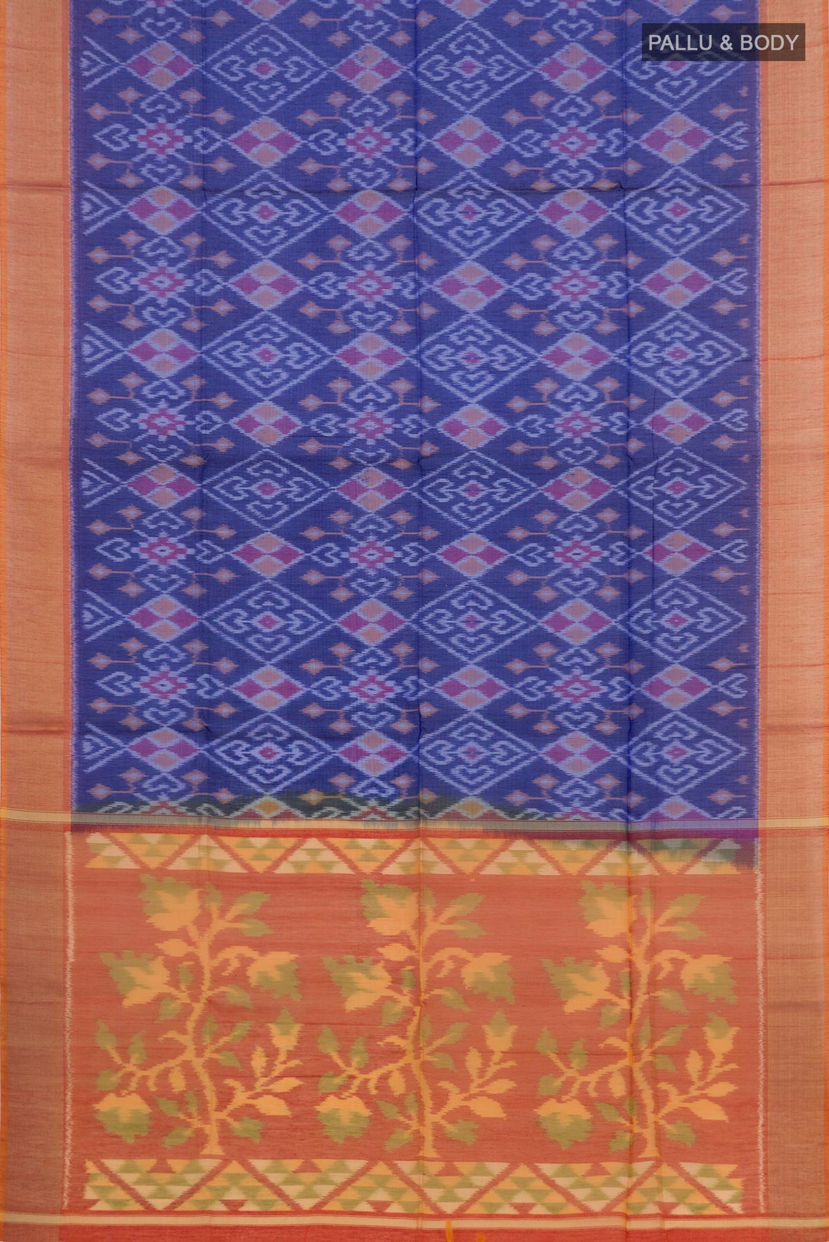 Flat view of Blue Coimbatore Silk Cotton Saree with Ikat Print on the body and Zari Border. 