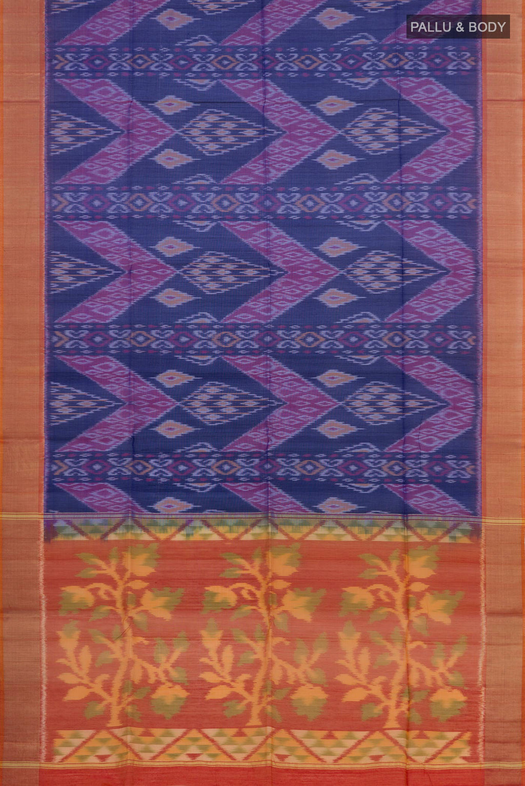 Flat view of Blue Coimbatore Silk Cotton Saree with Ikat Print on the body and Zari Border. 