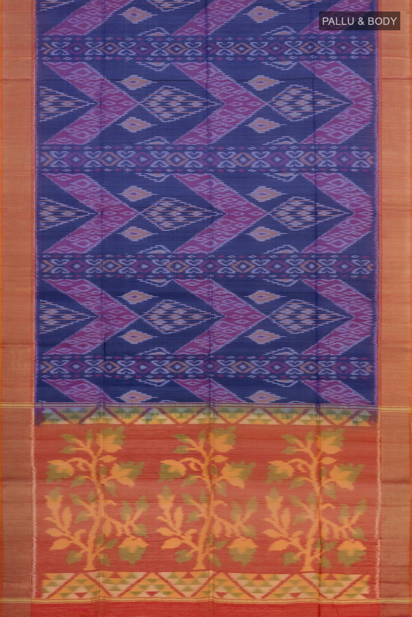Flat view of Blue Coimbatore Silk Cotton Saree with Ikat Print on the body and Zari Border. 