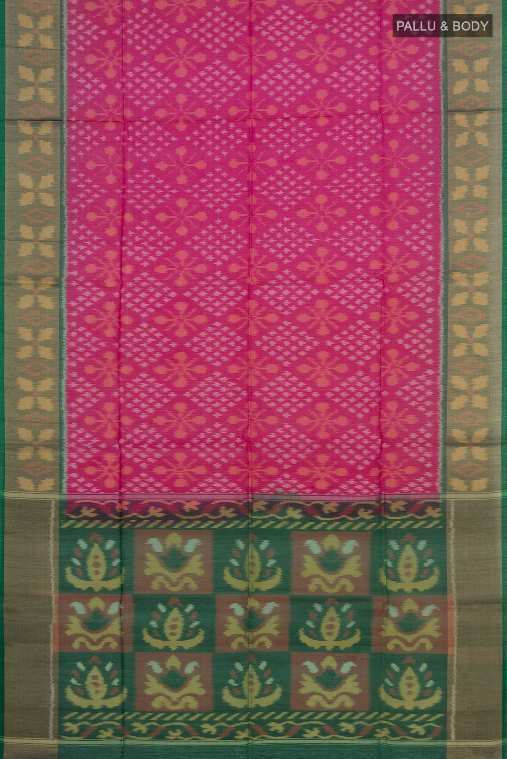 Flat view of Pink Coimbatore Silk Cotton Saree with Ikat Print on the body and Zari Border. 