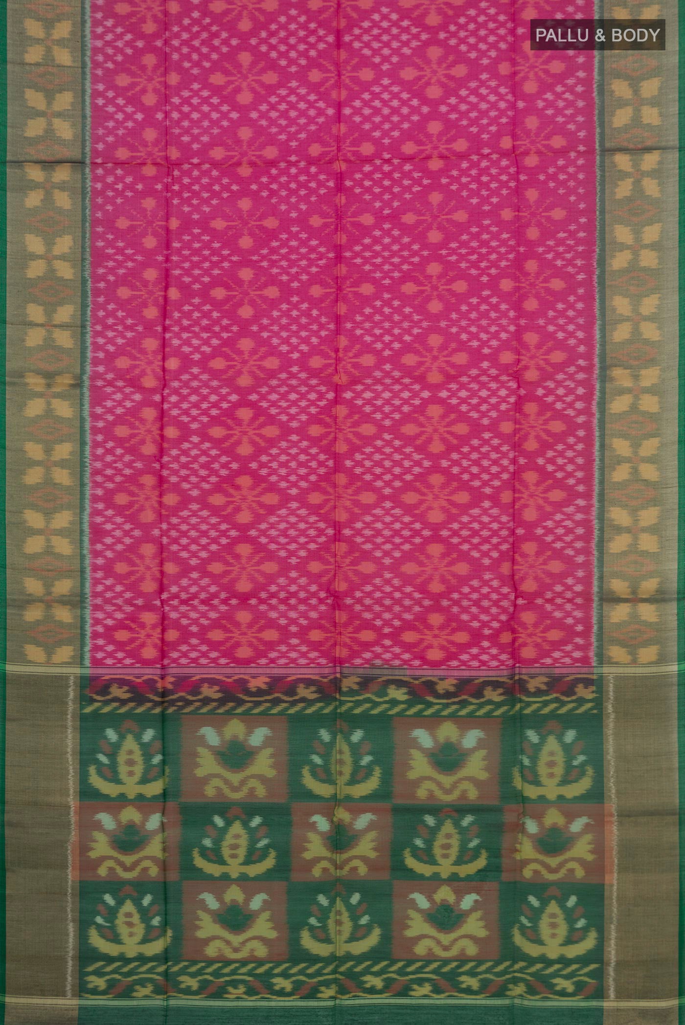 Flat view of Pink Coimbatore Silk Cotton Saree with Ikat Print on the body and Zari Border. 