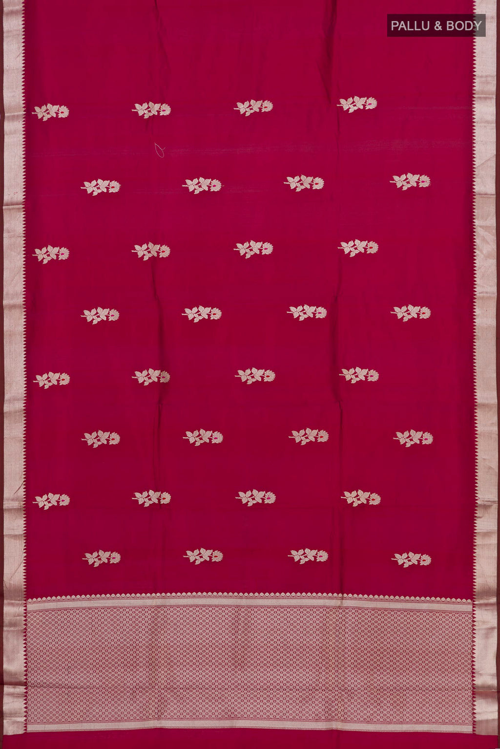 Flat view of Maroon Banarasi Katan Silk Saree with Zari Butta on the body and Zari Border. 