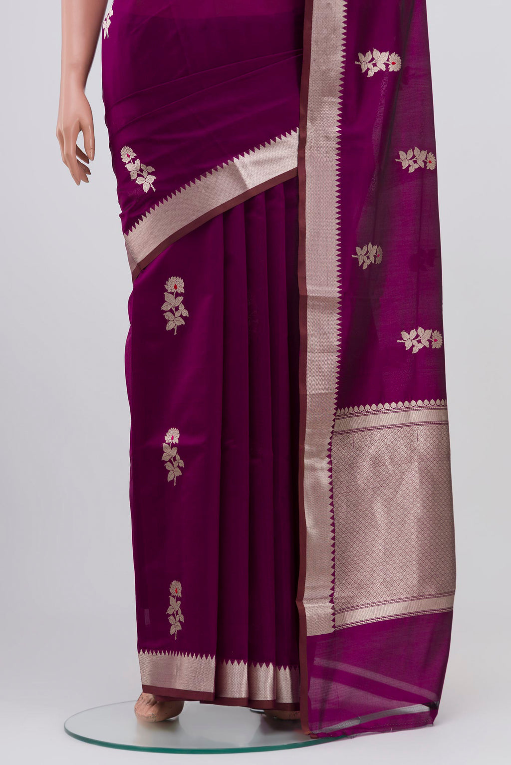 Pleats and pallu of Purple Banarasi Katan Silk Saree with Zari Butta on the body and Zari Border. 