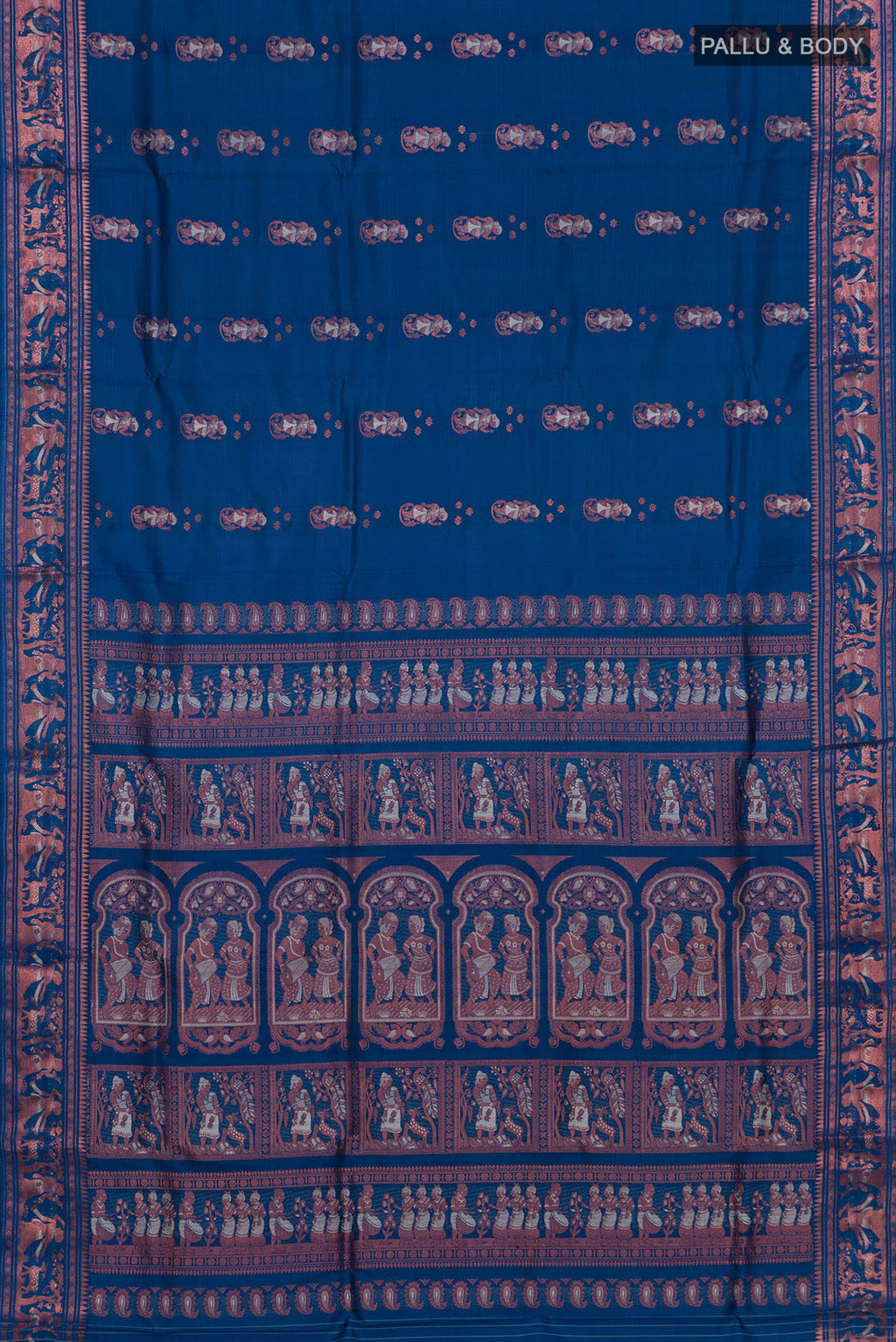 Flat view of Pure Silk Blue Baluchari Saree with Zari Butta on the body and Zari Border. 