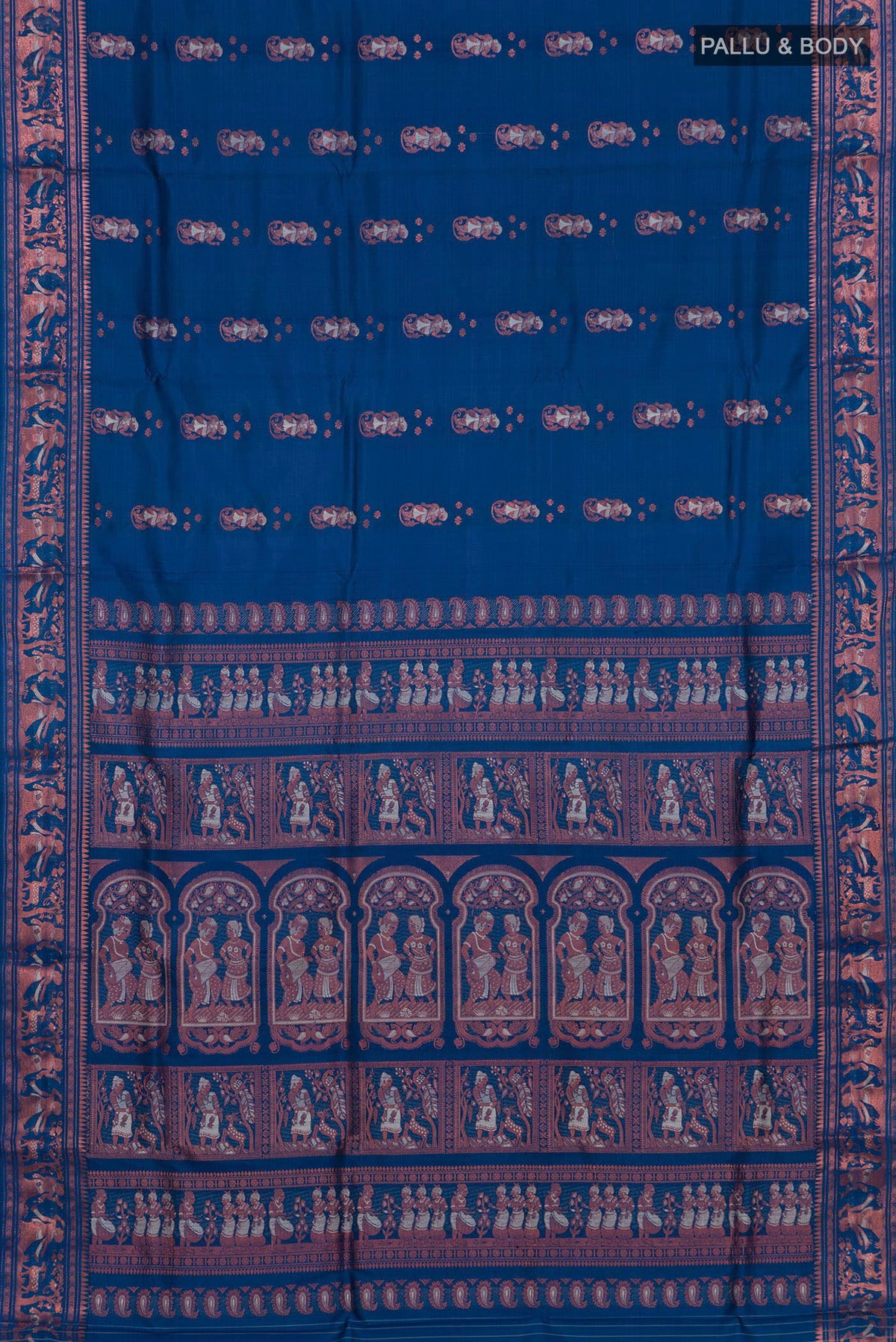 Flat view of Pure Silk Blue Baluchari Saree with Zari Butta on the body and Zari Border. 