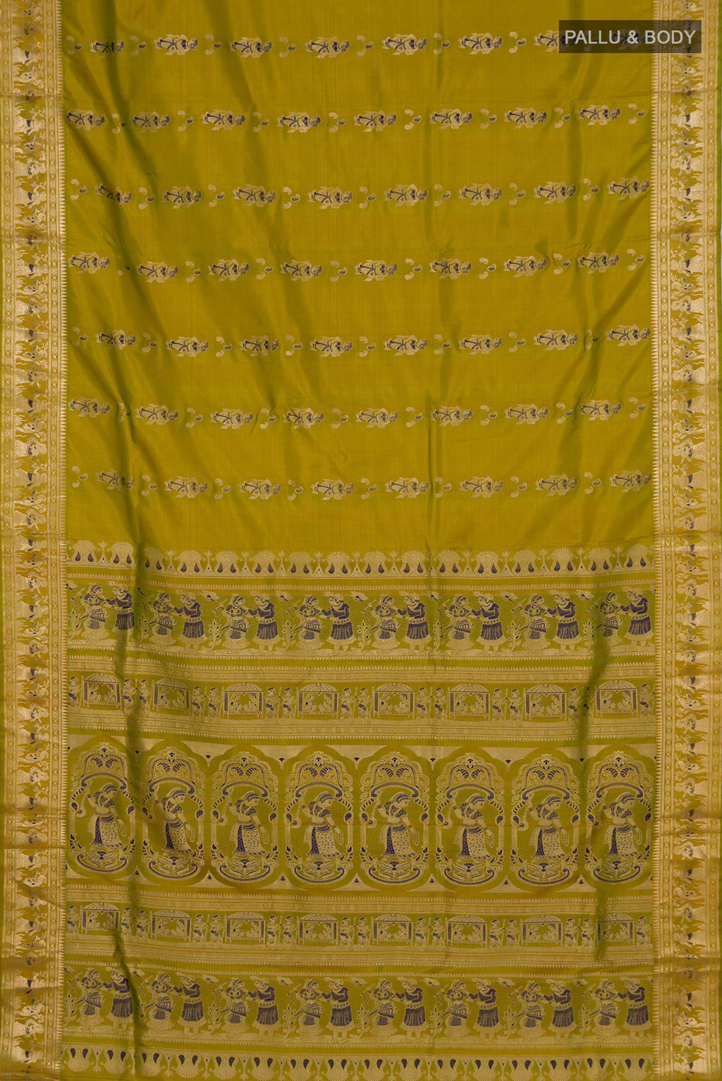 Flat view of Green Baluchari Silk Saree with Zari Butta on the body and Zari Border. 