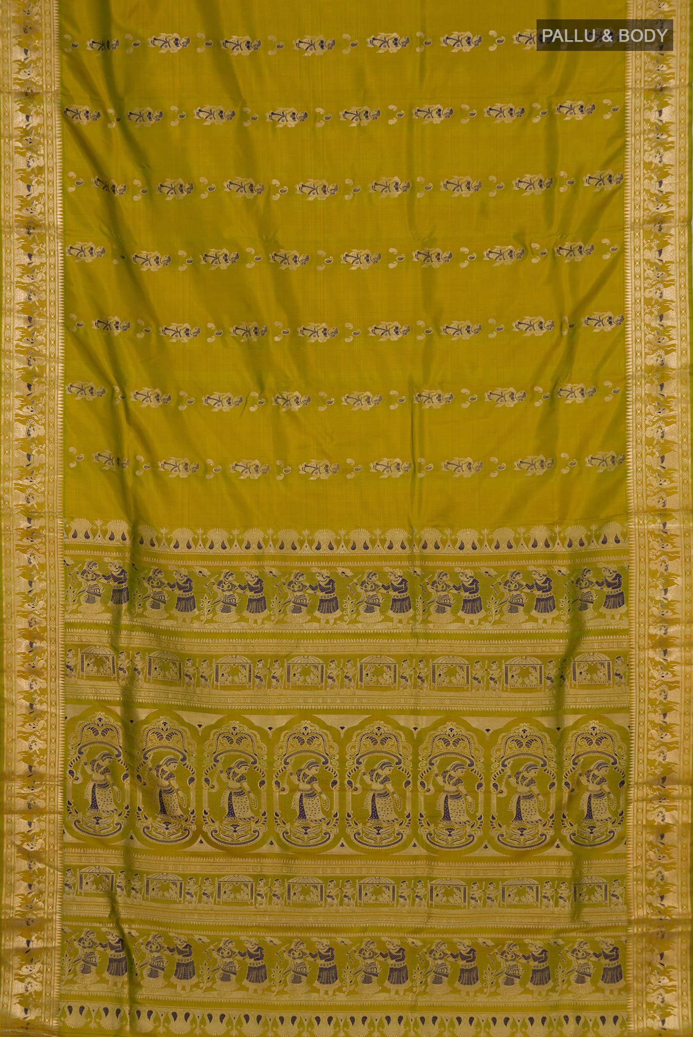 Flat view of Green Baluchari Silk Saree with Zari Butta on the body and Zari Border. 