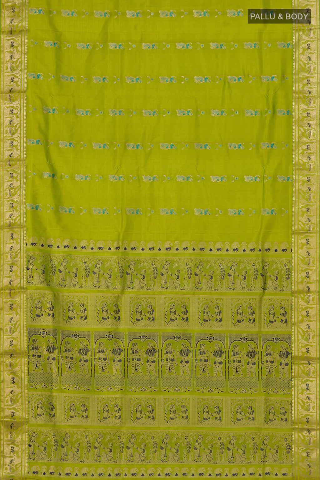 Flat view of Green Baluchari Silk Saree with Zari Butta on the body and Zari Border. 