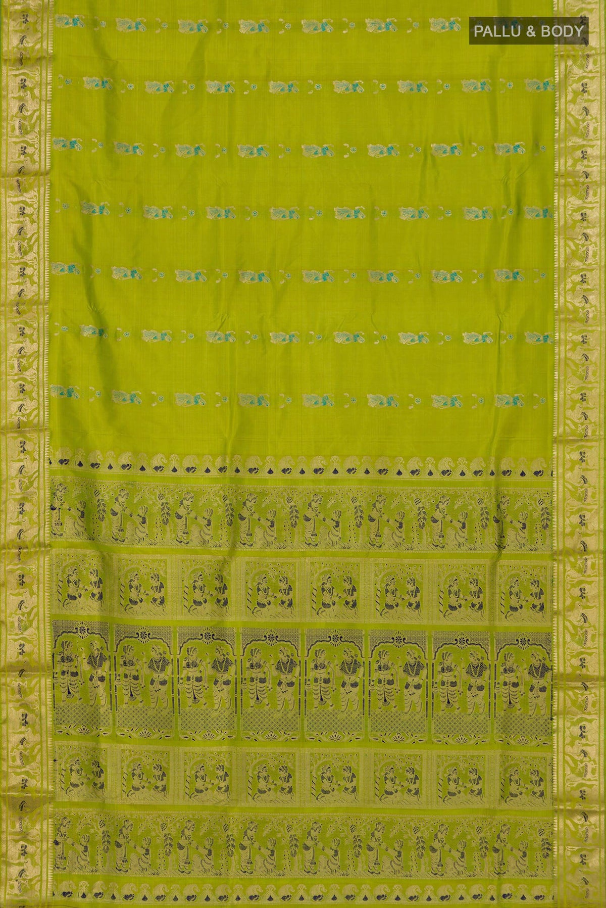 Flat view of Green Baluchari Silk Saree with Zari Butta on the body and Zari Border. 