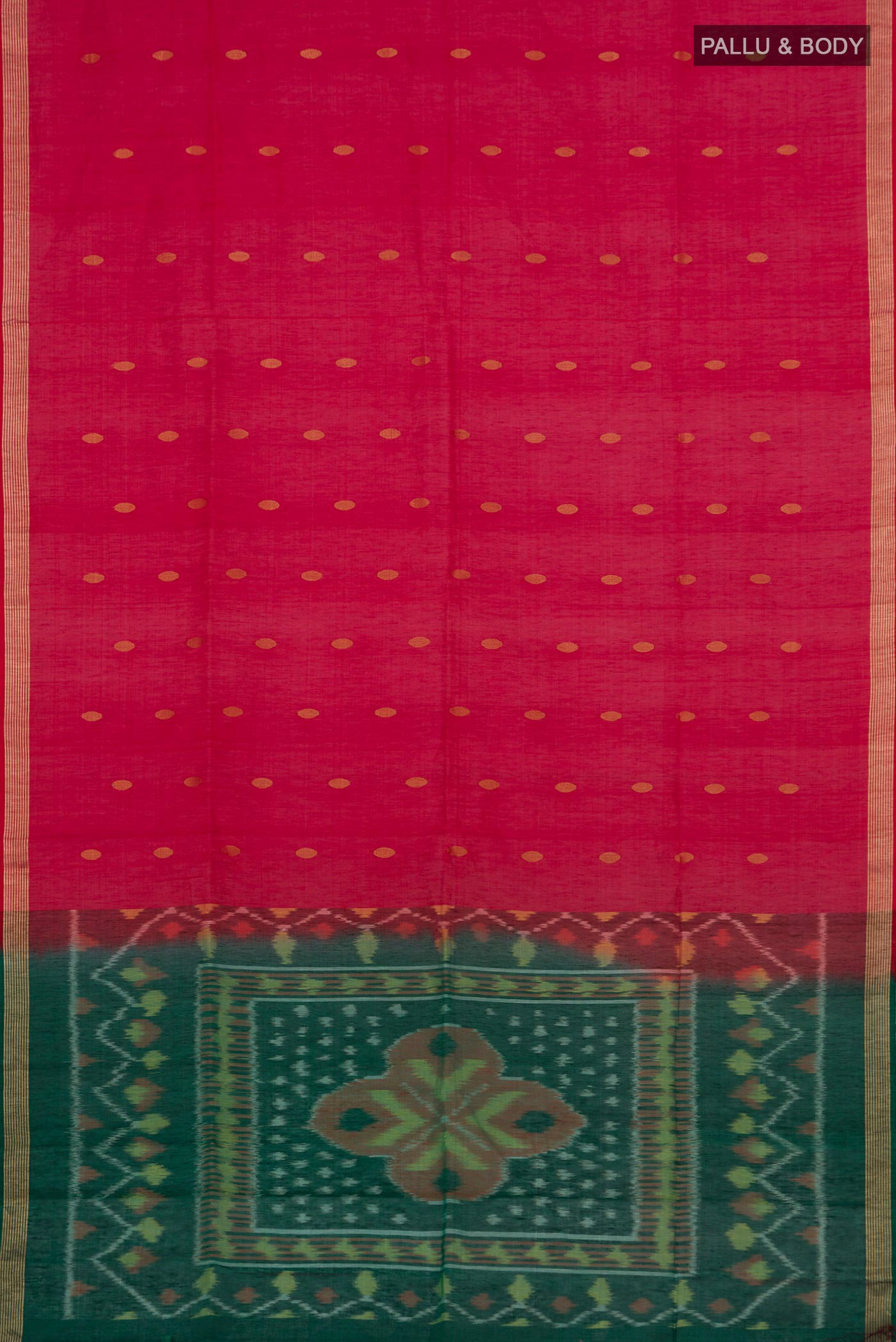 Flat view of Red Coimbatore Silk Cotton Saree with Zari Butta on the body and Zari Border. 