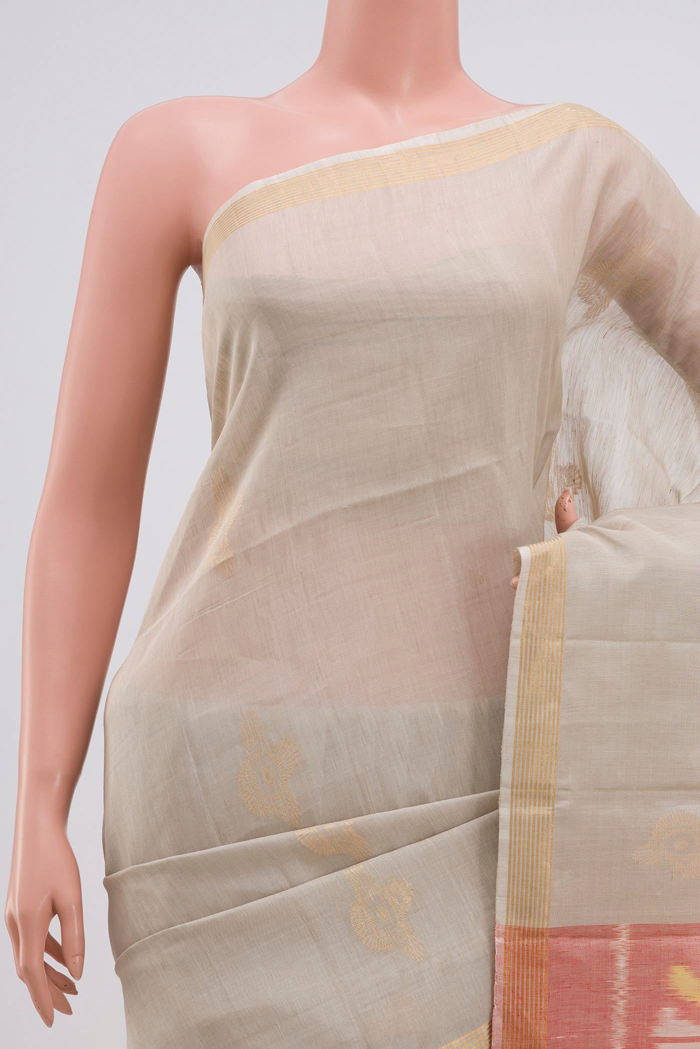 Border image of Cream Soft Silk Saree with Zari Butta on the body and Thin Zari Line. 