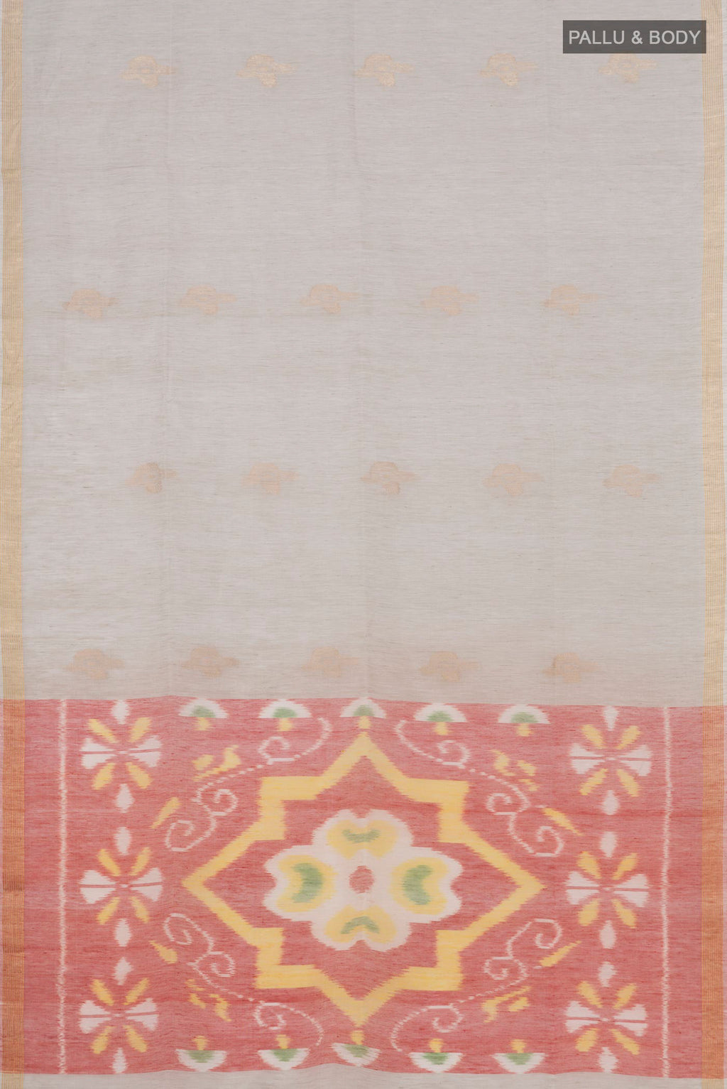 Flat view of Cream Soft Silk Saree with Zari Butta on the body and Thin Zari Line. 