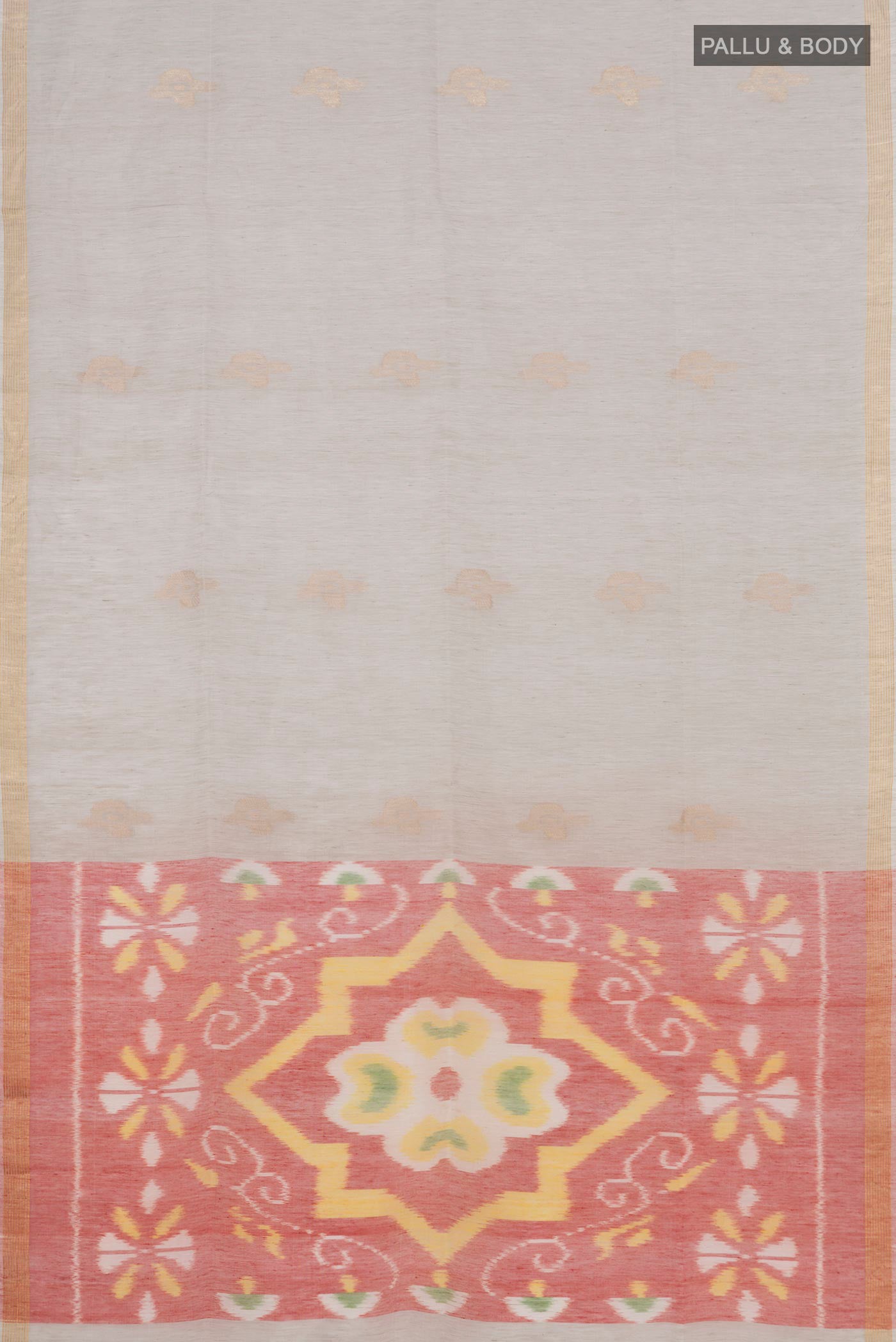 Flat view of Cream Soft Silk Saree with Zari Butta on the body and Thin Zari Line. 