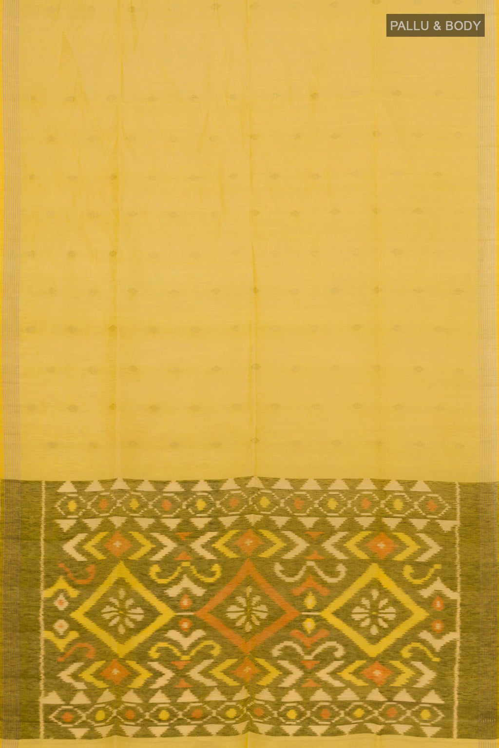 Flat view of Yellow Soft Silk Saree with Zari Butta on the body and Thin Zari Line. 